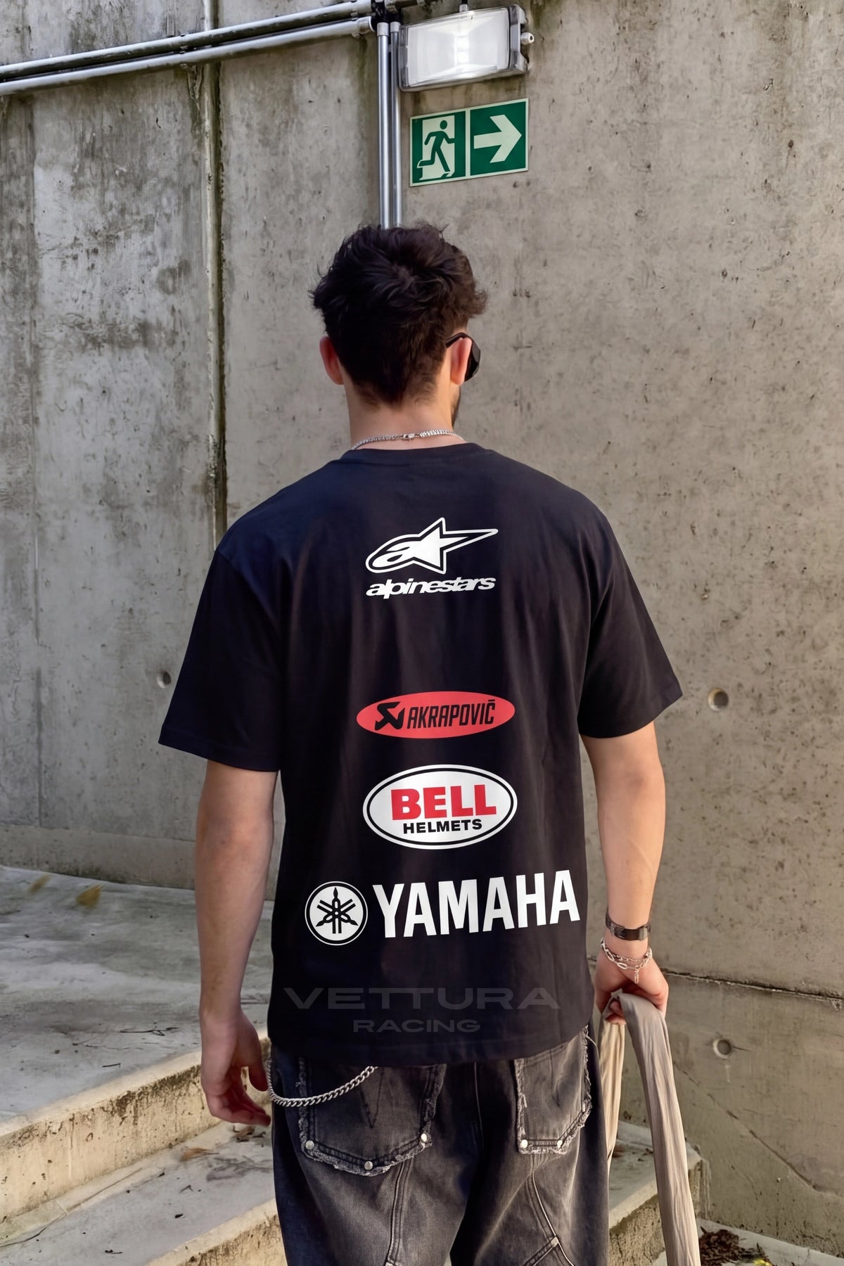 Alpinestars black racing t-shirt styled in daylight