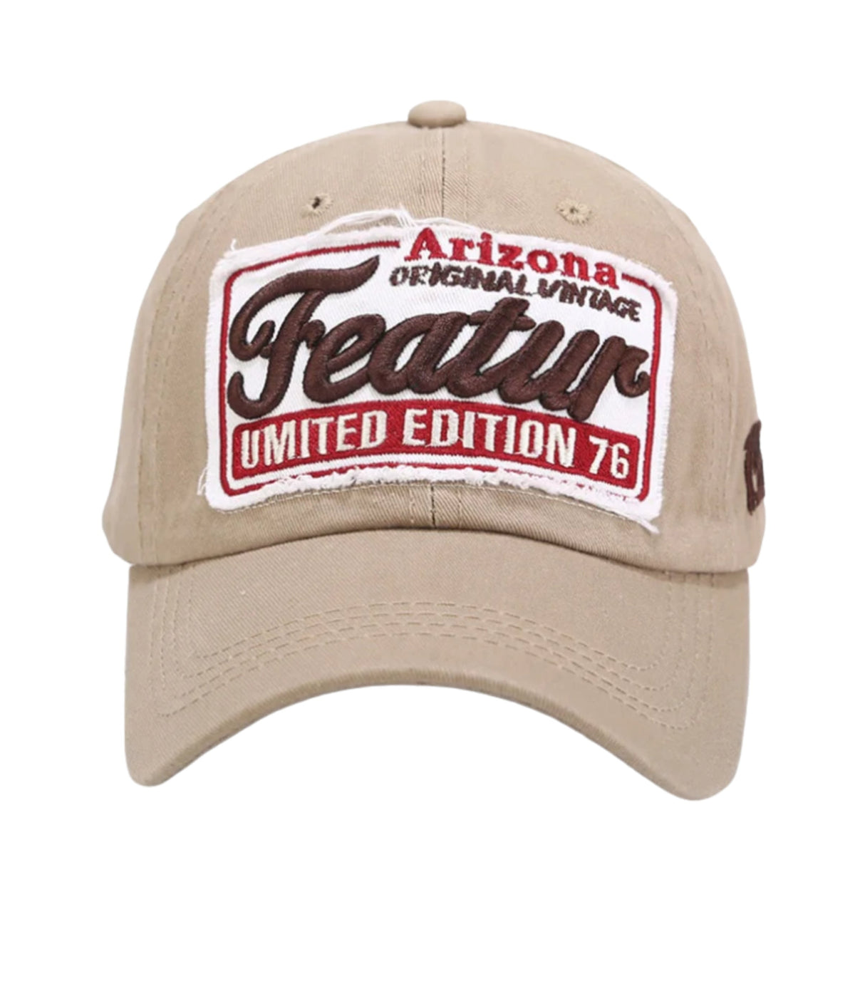 Front view of the Sahara Brown Arizona cap showing the full Original Vintage patch