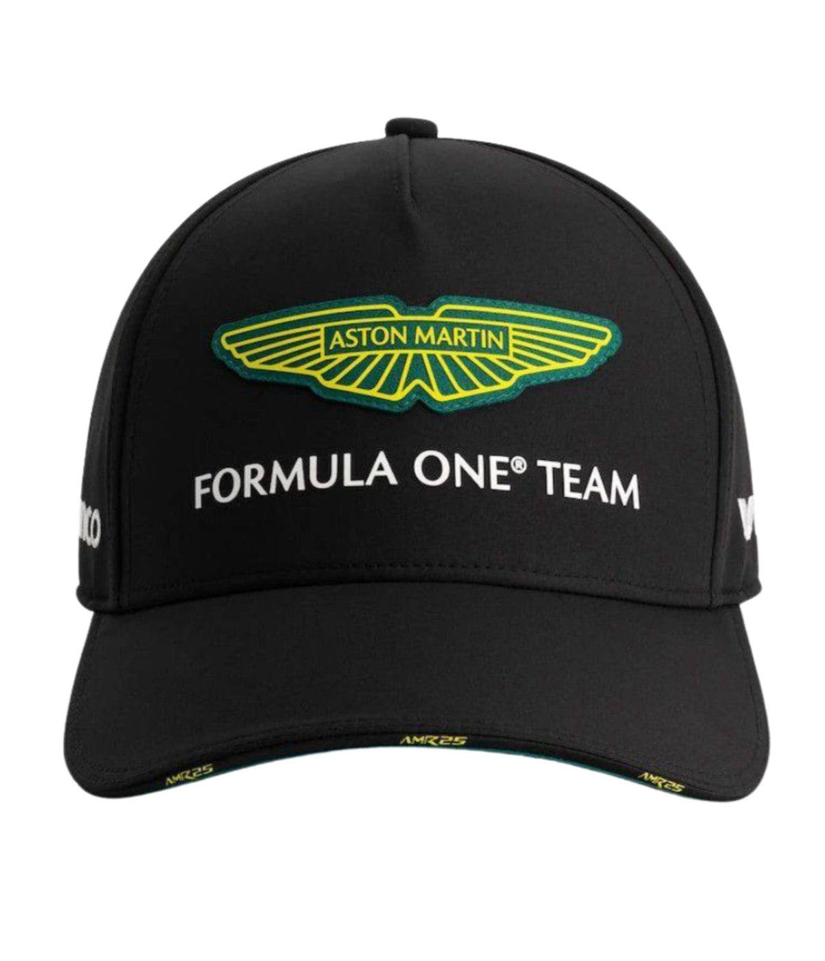 Front of the black Aston Martin F1 Team 2025 cap with the green and yellow wings badge