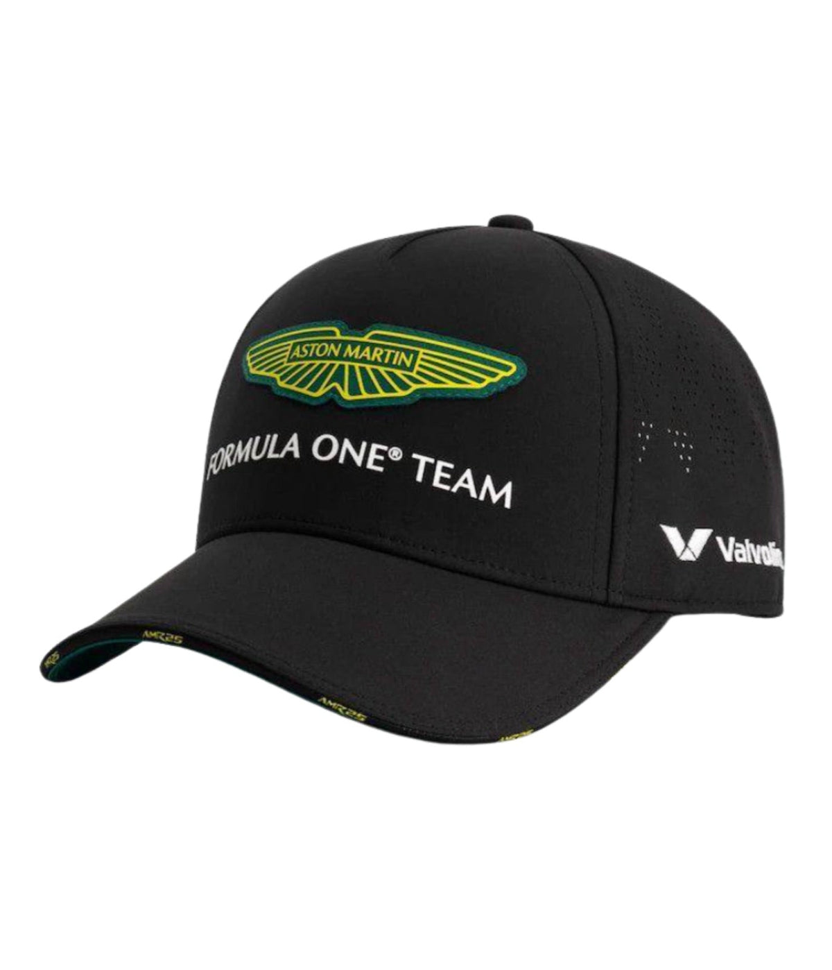 Black Aston Martin F1 Team 2025 cap at an angle showing laser-cut vents and Valvoline mark