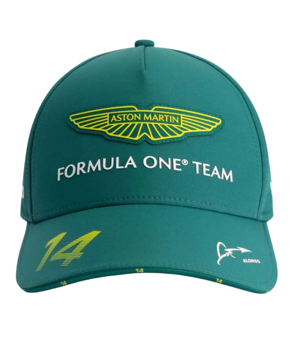 Front of the racing green Aston Martin F1 cap with wings badge and yellow number 14