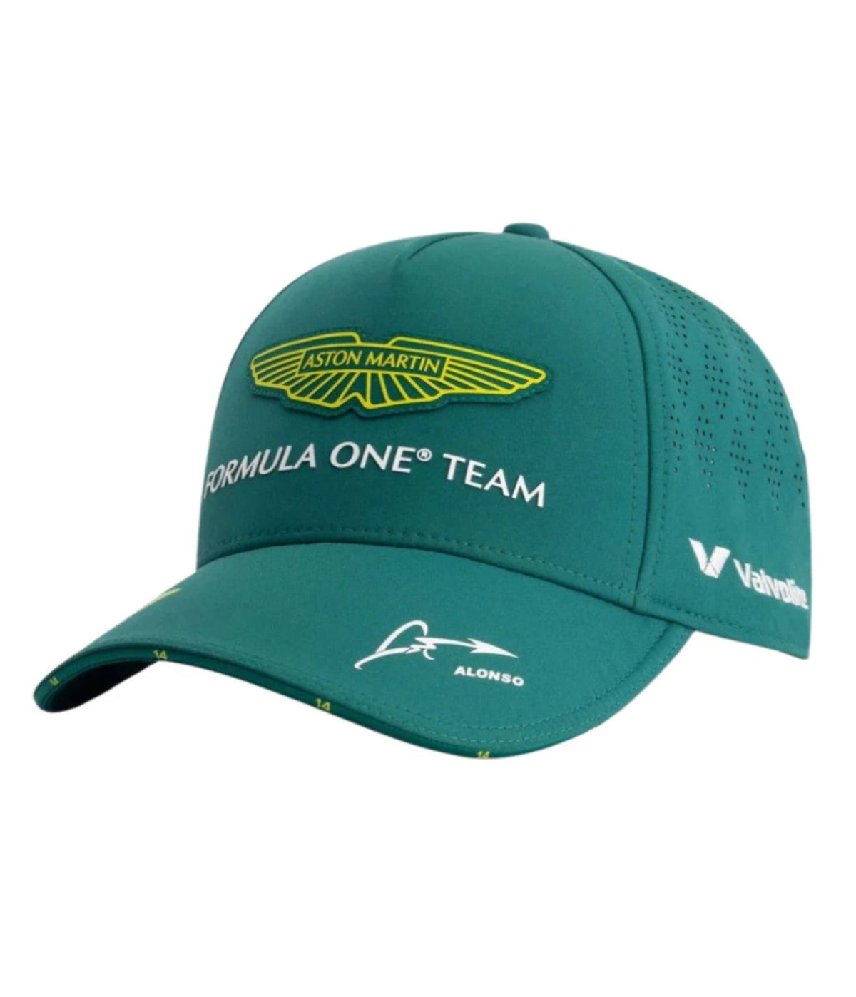 Racing green Aston Martin F1 cap at an angle showing the Alonso signature and Valvoline mark