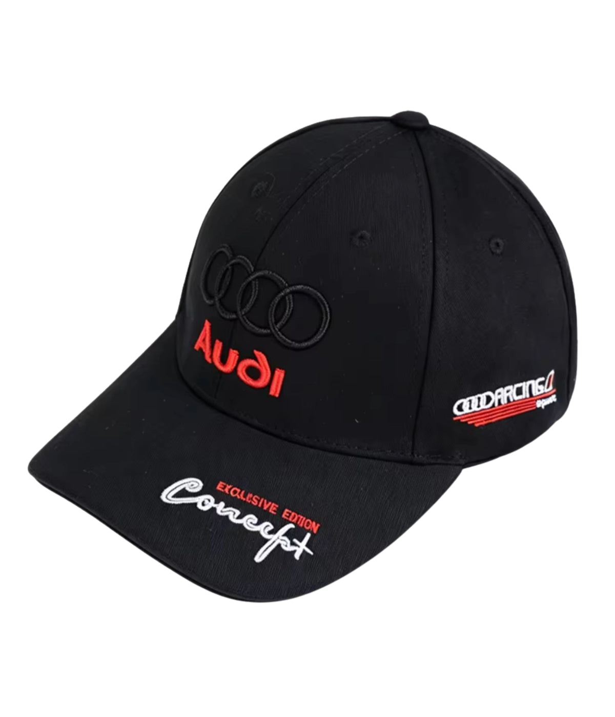 Black Audi Racing embroidered cap with four rings, side view