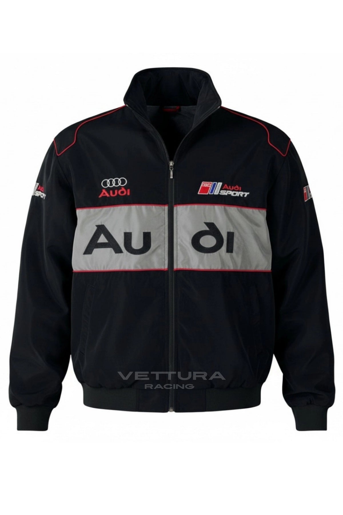 Black Audi vintage racing jacket flat front view with embroidered four rings