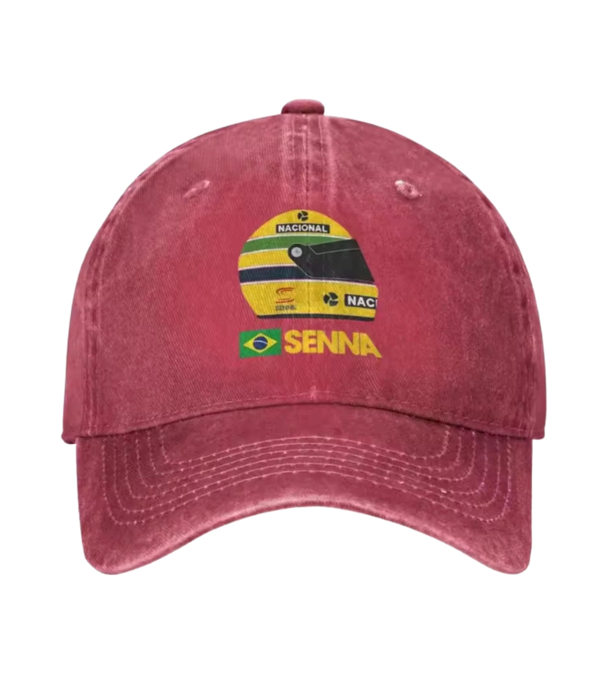 Red Ayrton Senna F1 embroidered dad cap, front view