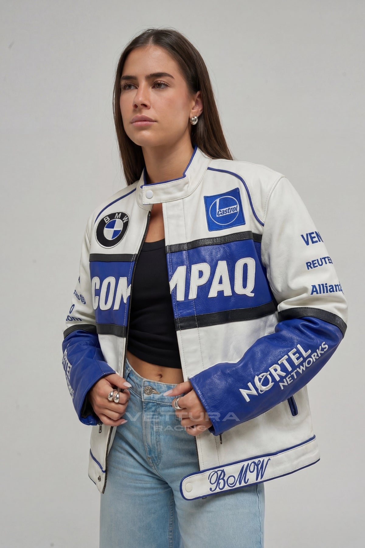 Model wearing the BMW Compaq vintage leather racing jacket, front view
