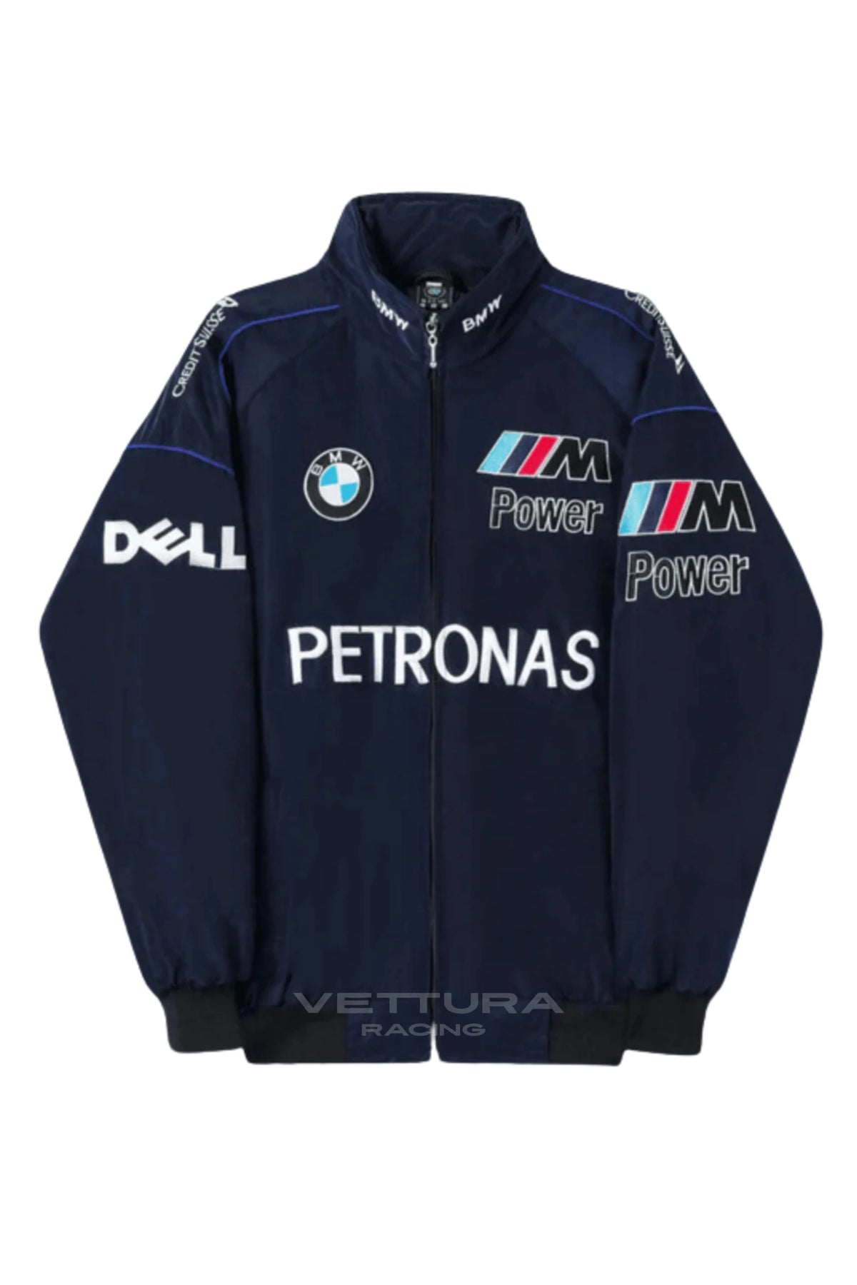 Navy BMW Petronas F1 racing jacket flat front view with embroidered patches