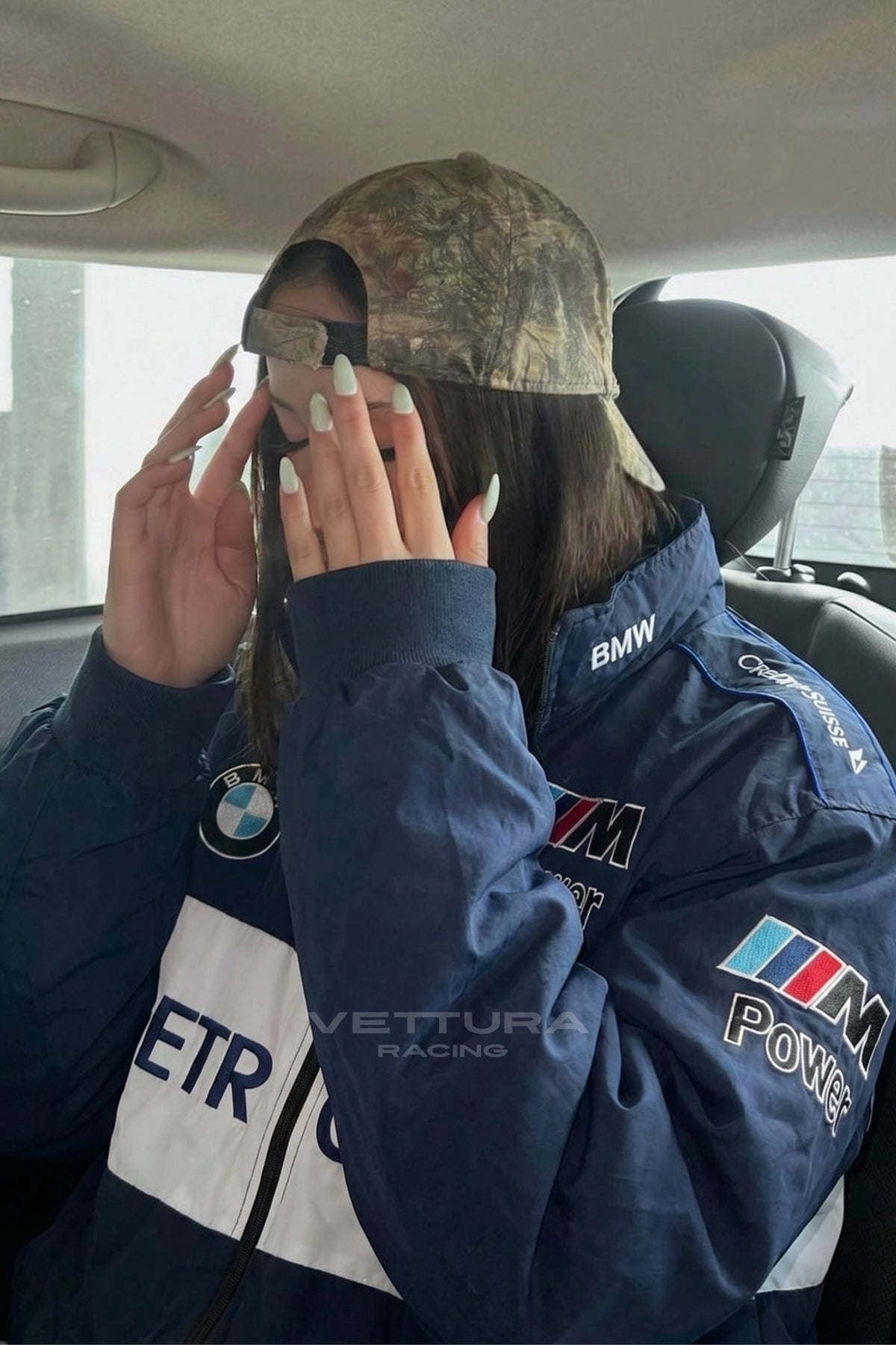 Street style look with the navy BMW M Power vintage racing jacket