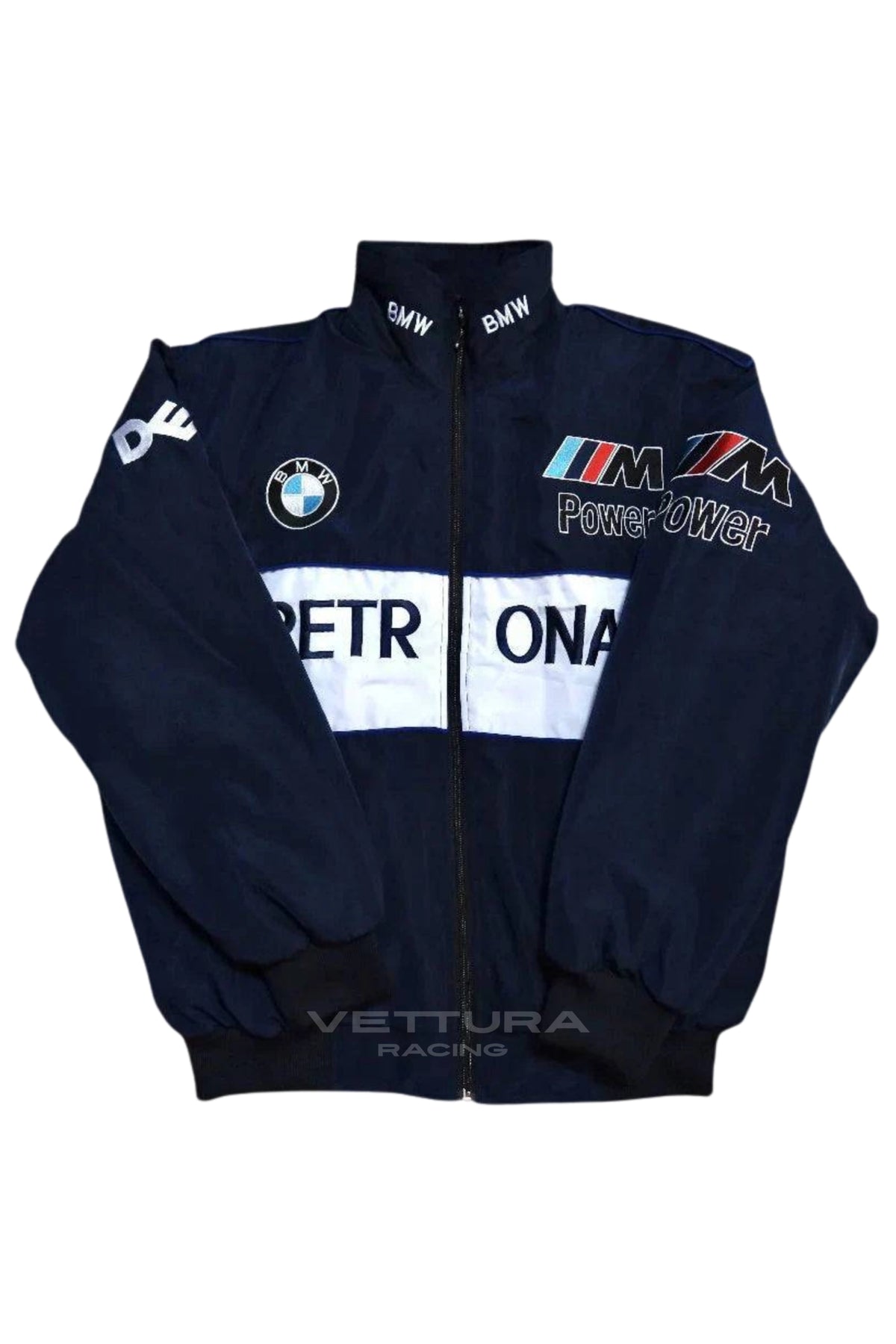 Navy BMW M Power racing jacket flat front view with embroidered Petronas panel
