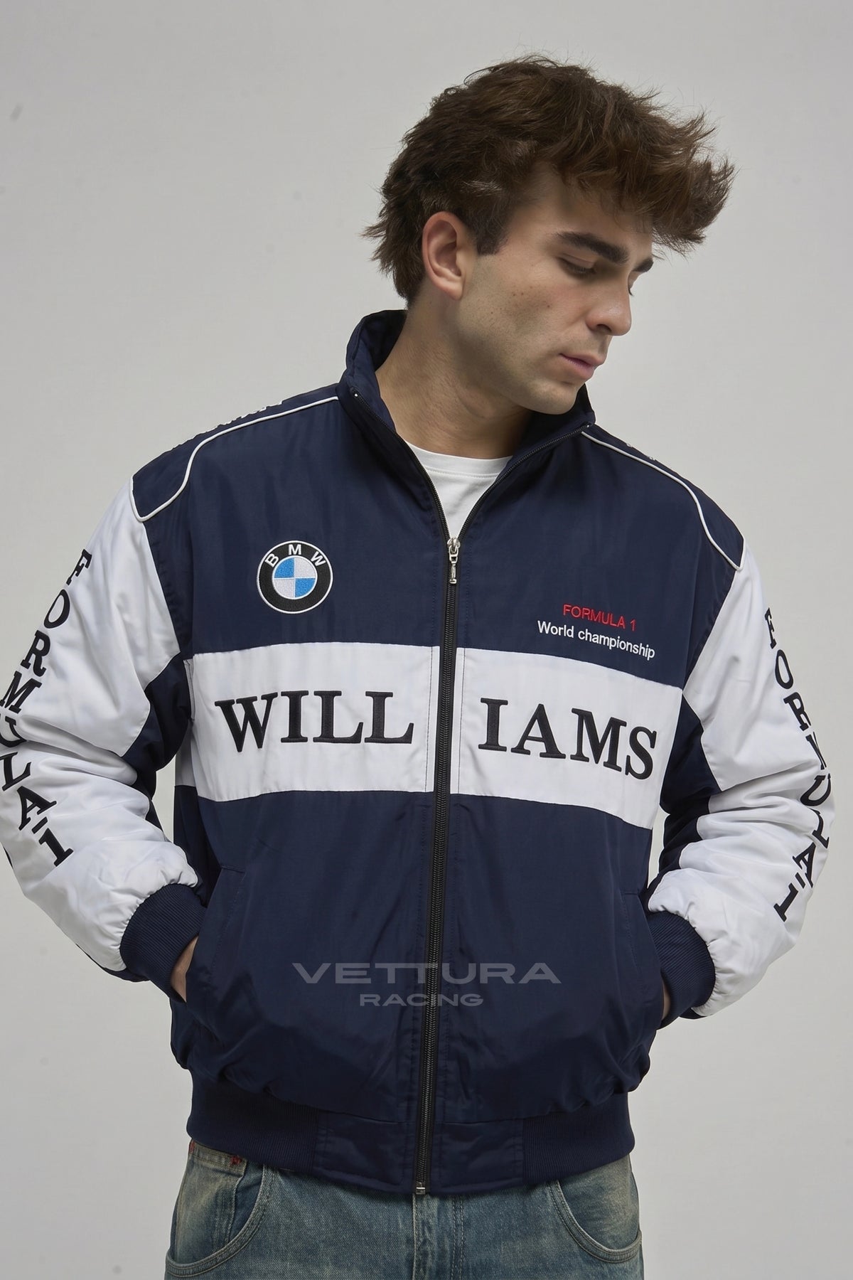 BMW Williams F1 jacket styled with jeans in daylight