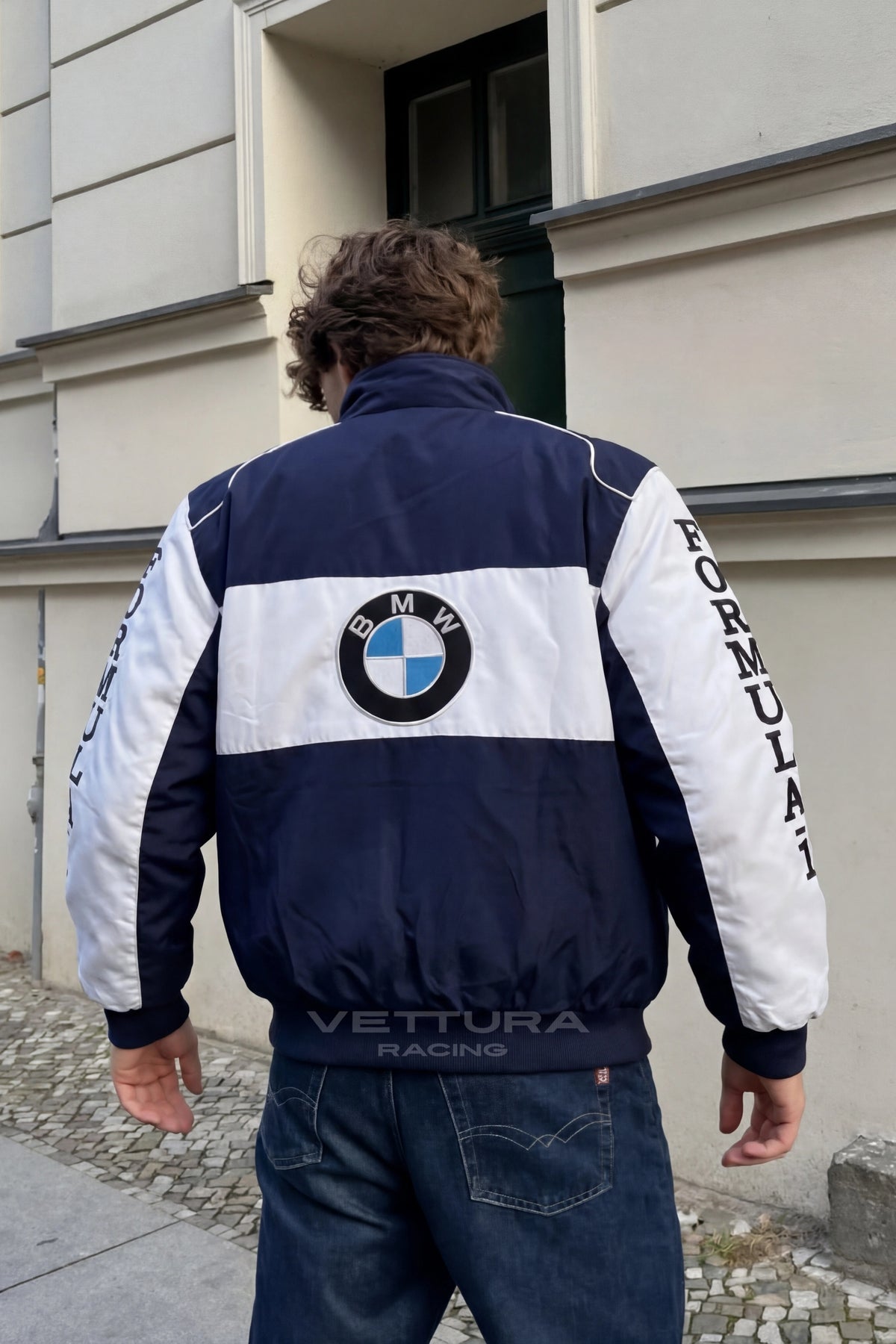 Detail of the BMW roundel patch on the Williams racing jacket