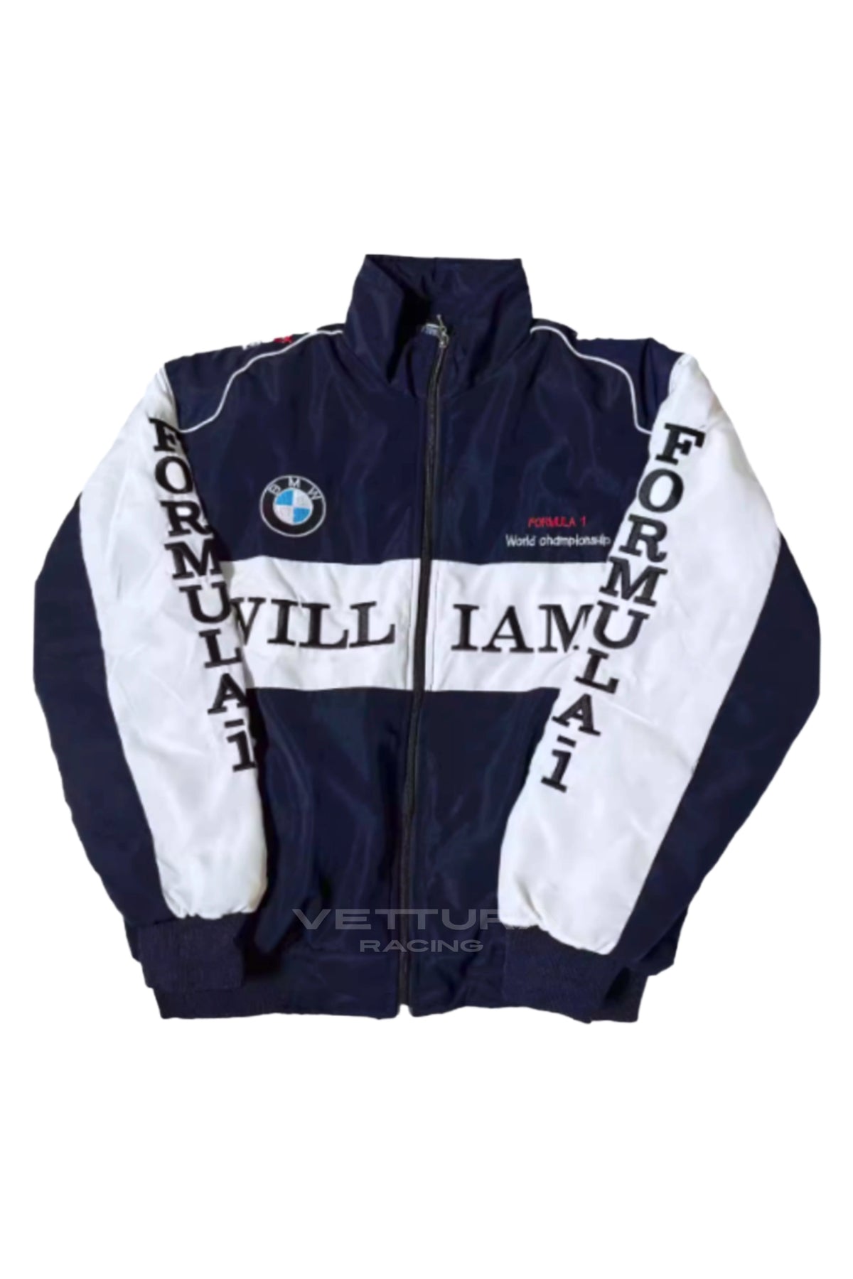BMW Williams F1 racing jacket, front product shot on a white background