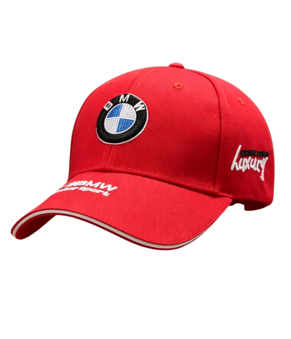 Red BMW Motorsport embroidered cap, side view
