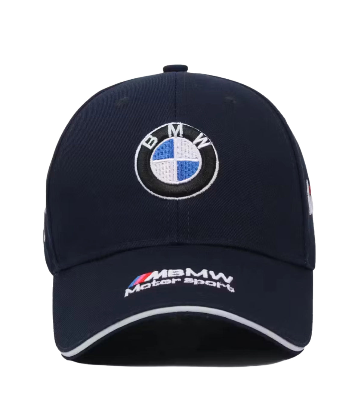 Navy BMW Motorsport embroidered cap, side view
