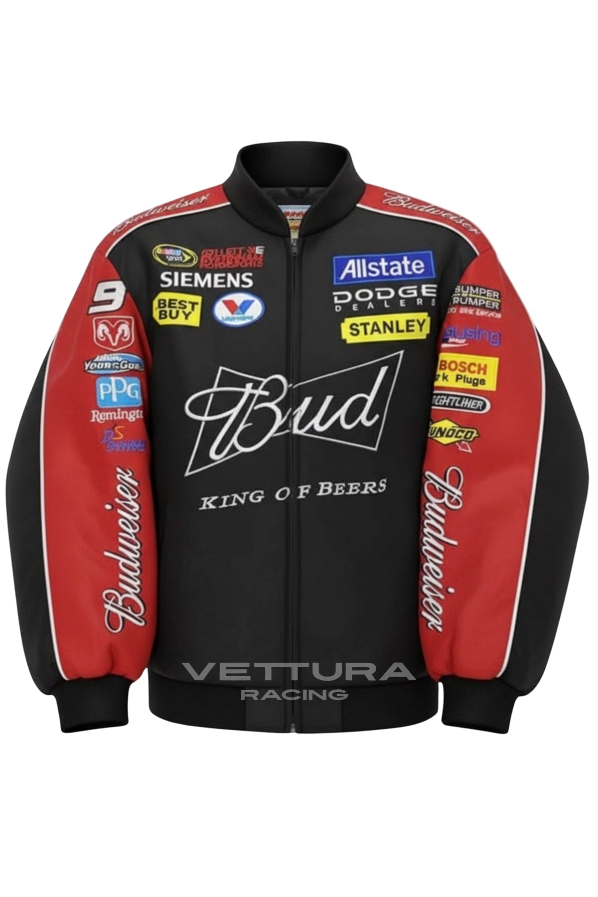 Close-up of the embroidered Budweiser NASCAR jacket chest patches