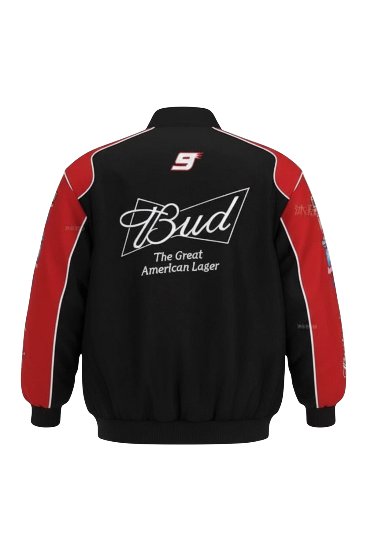 Budweiser NASCAR black edition jacket flat back view with embroidered script
