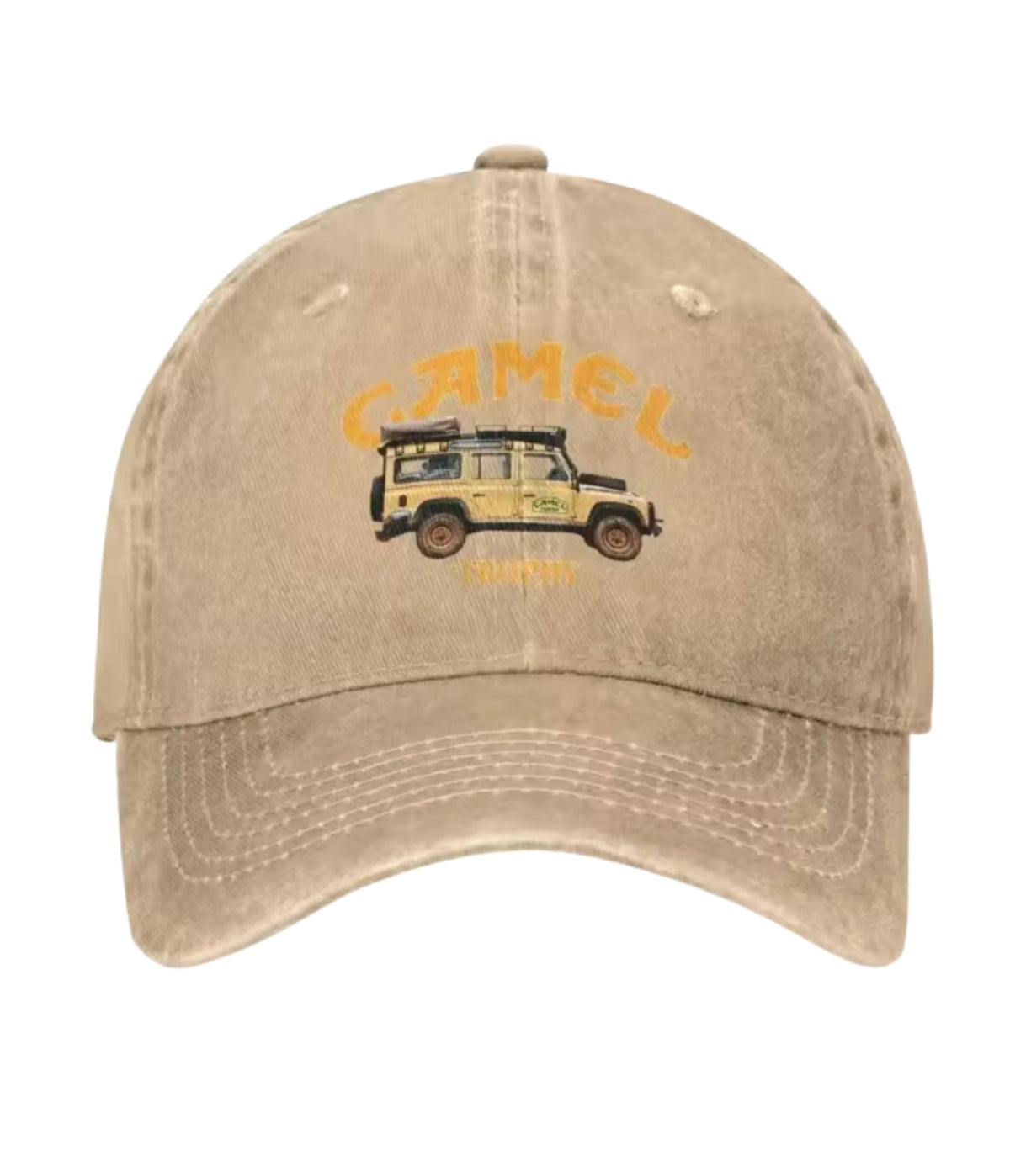 Beige Camel 4x4 washed cotton dad cap, front view