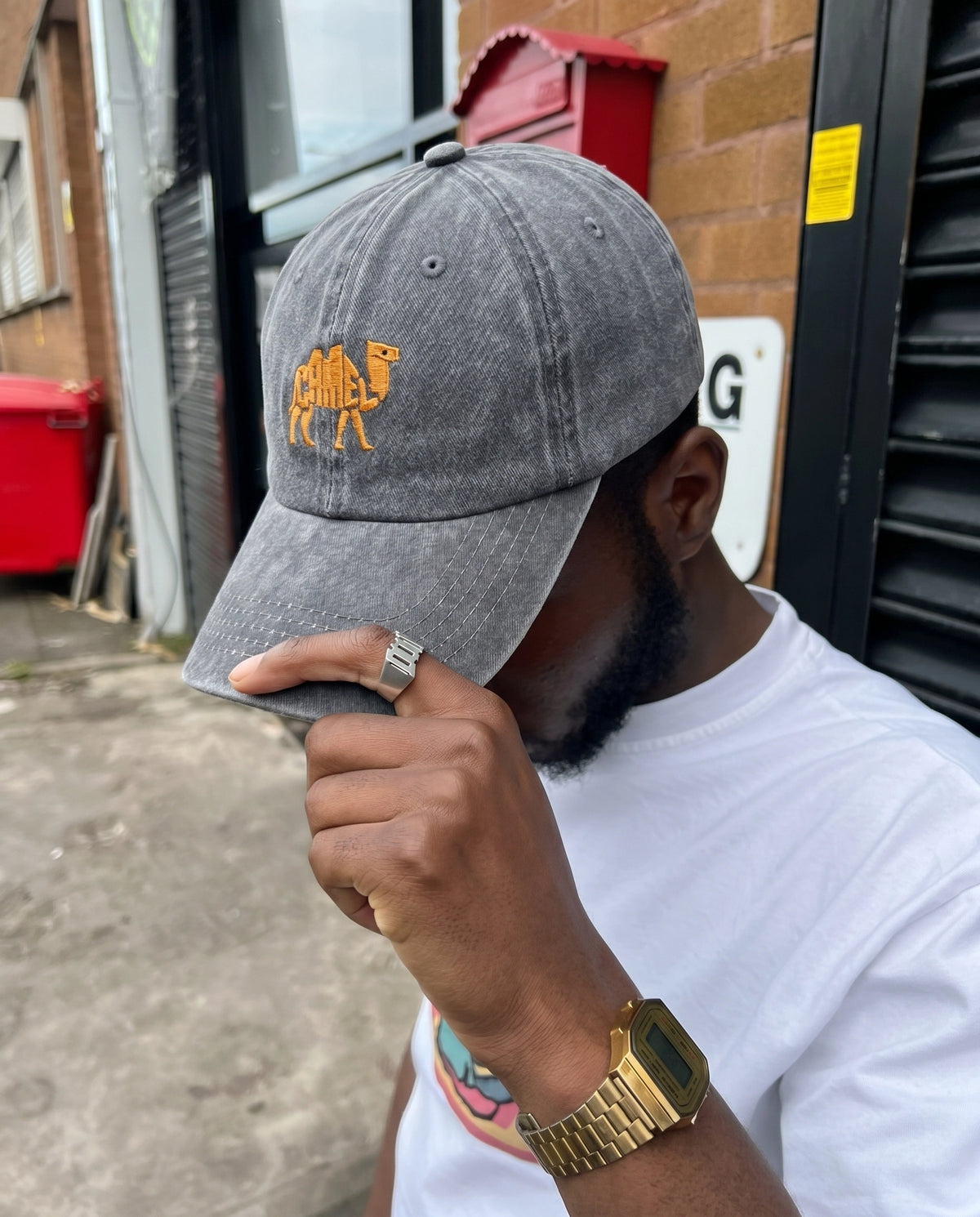 Hand holding the Camel embroidered dad cap