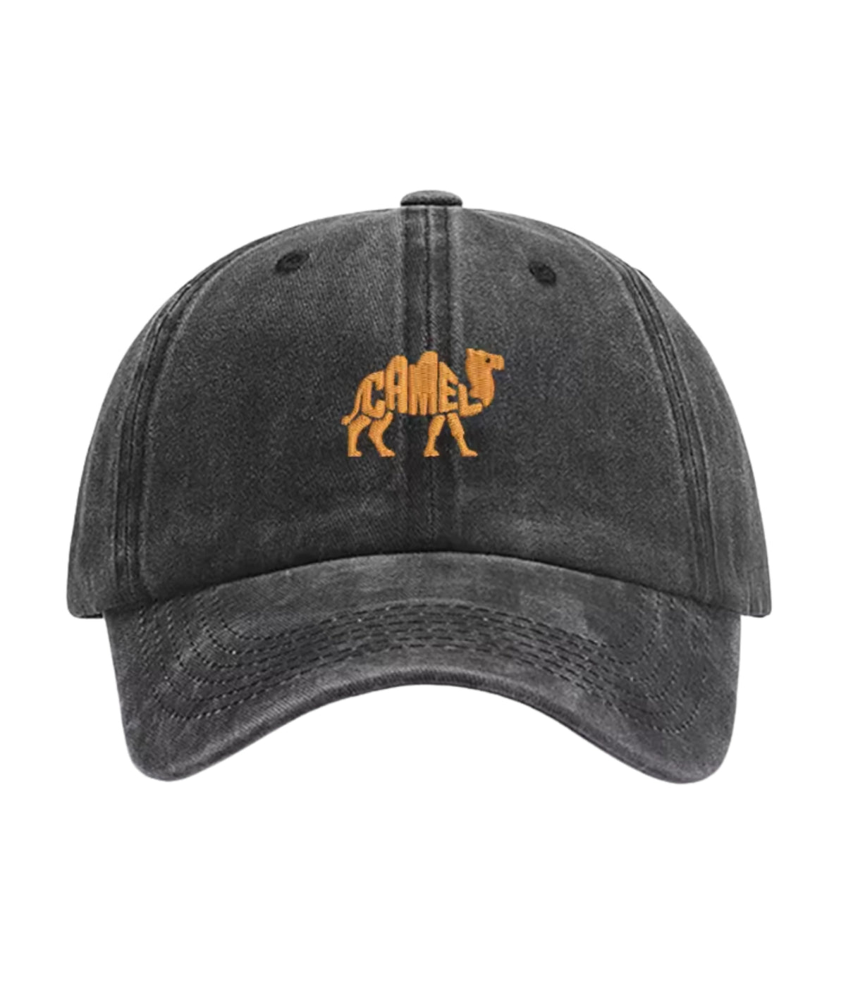 Black Camel embroidered dad cap, front view