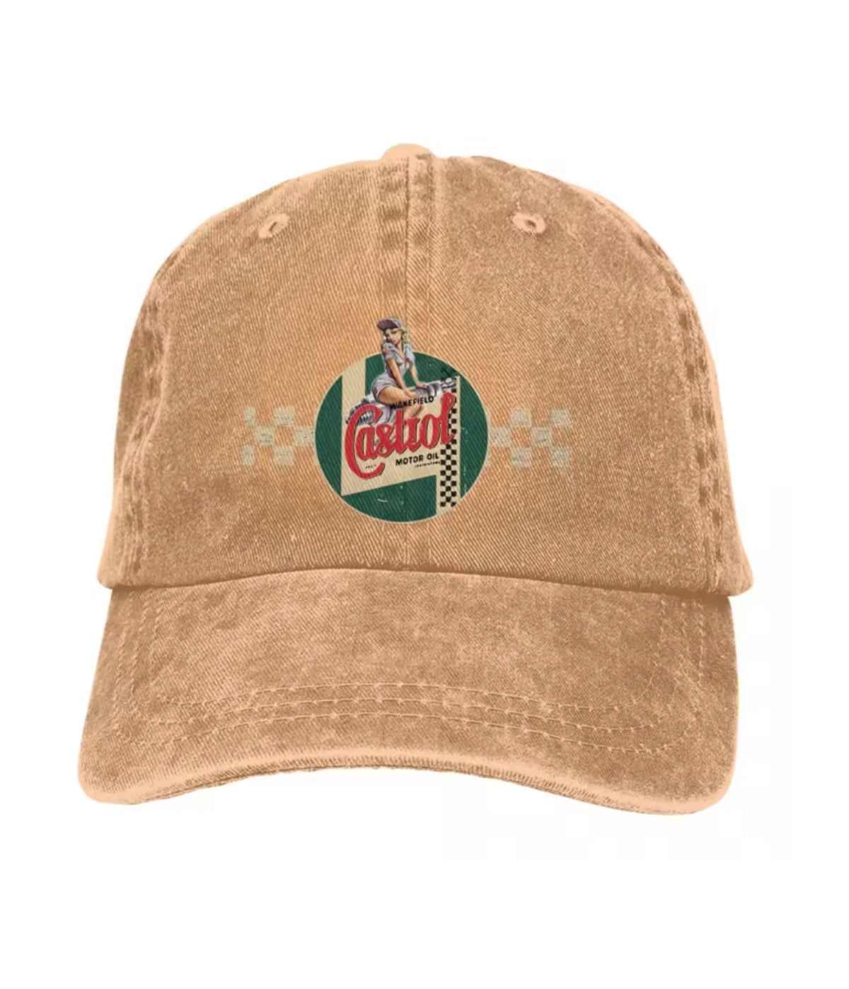 Beige Castrol Motor embroidered dad cap, front view