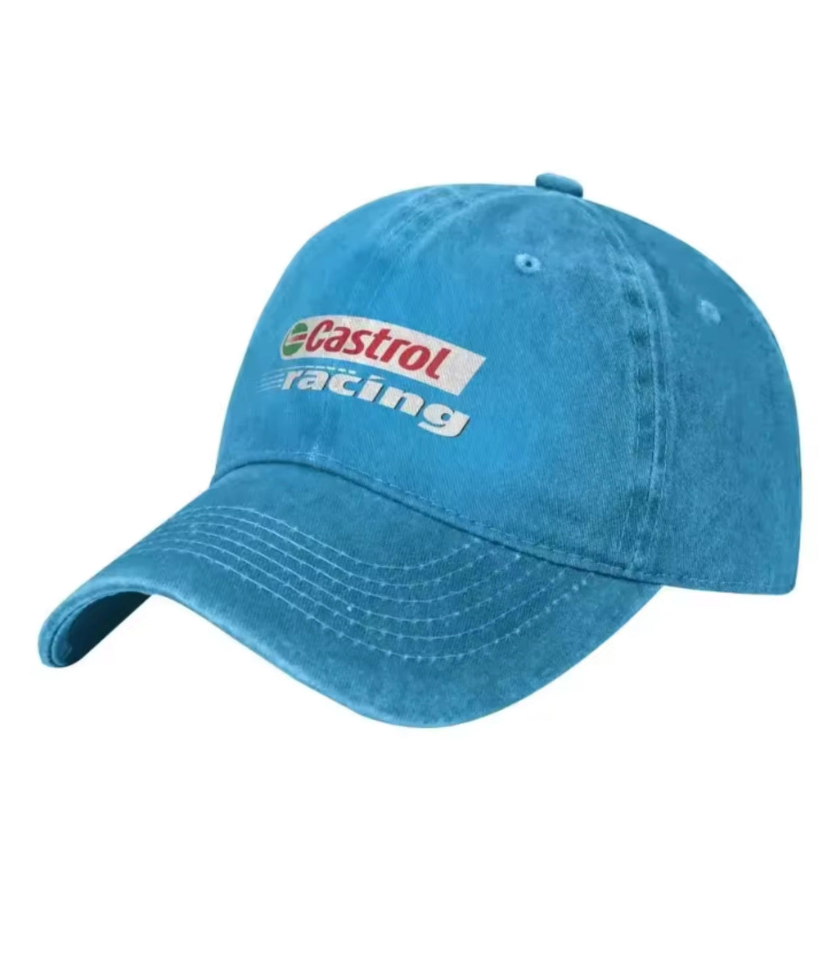 Sky blue Castrol Racing washed cotton dad cap, front view