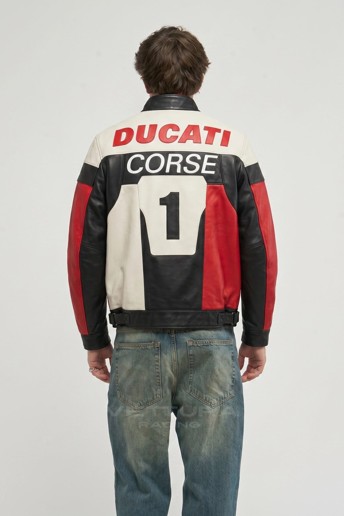 Ducati Corse leather jacket worn on the street