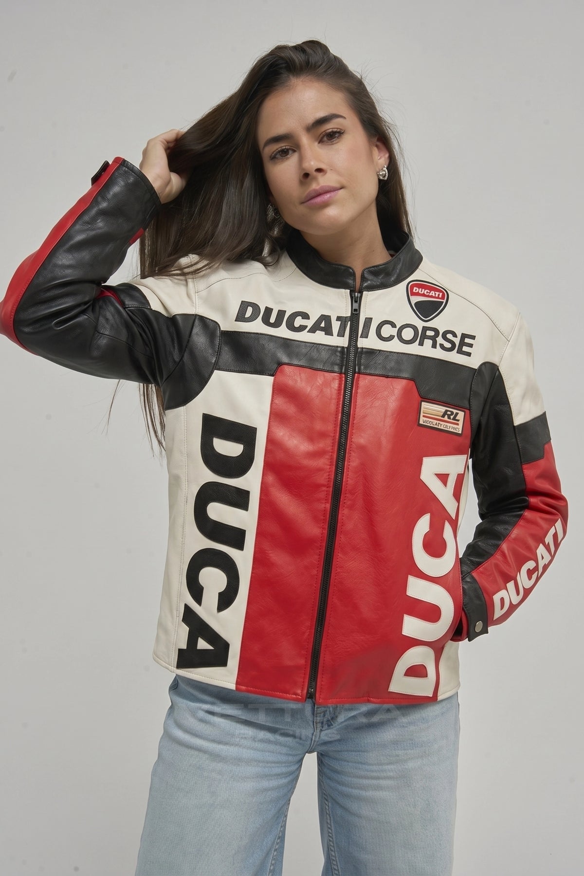 Model wearing the Ducati Corse leather racing jacket, front view