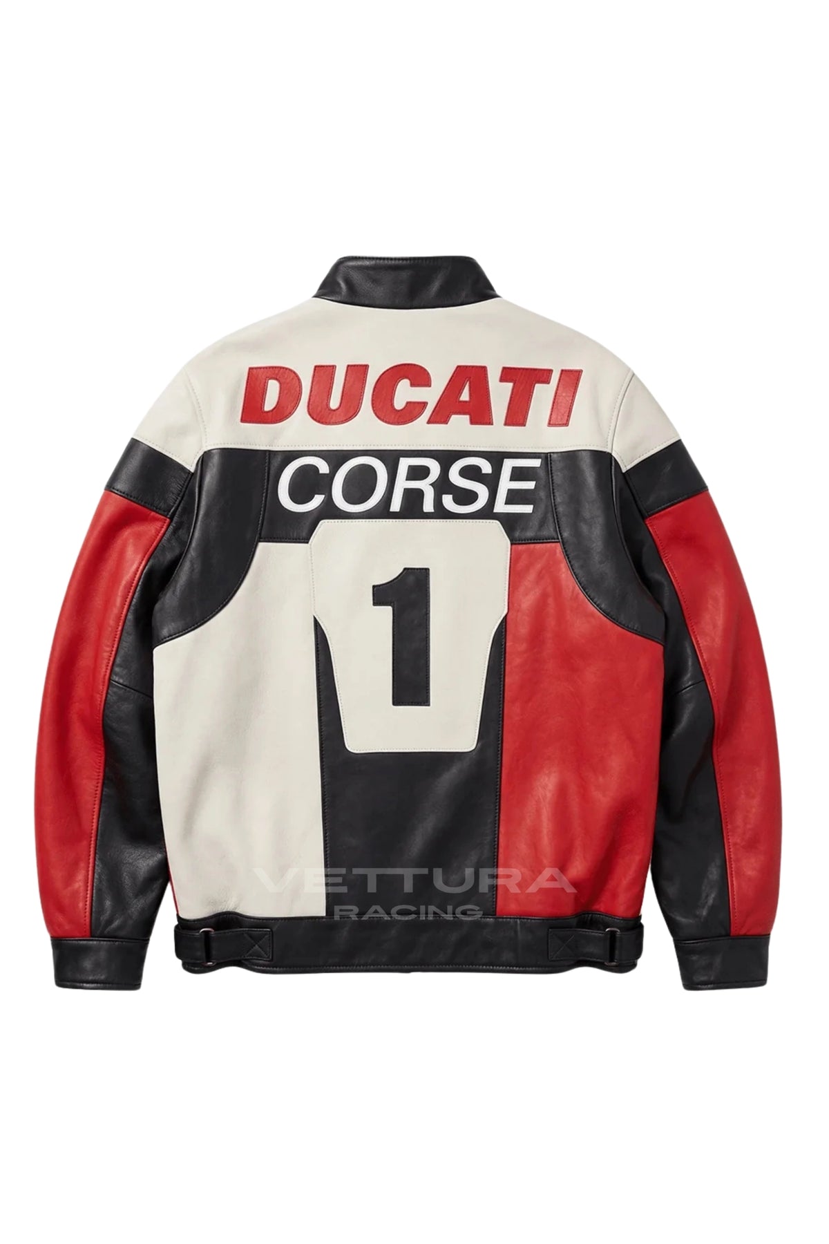 Back of the Ducati Corse leather jacket with the race number panel