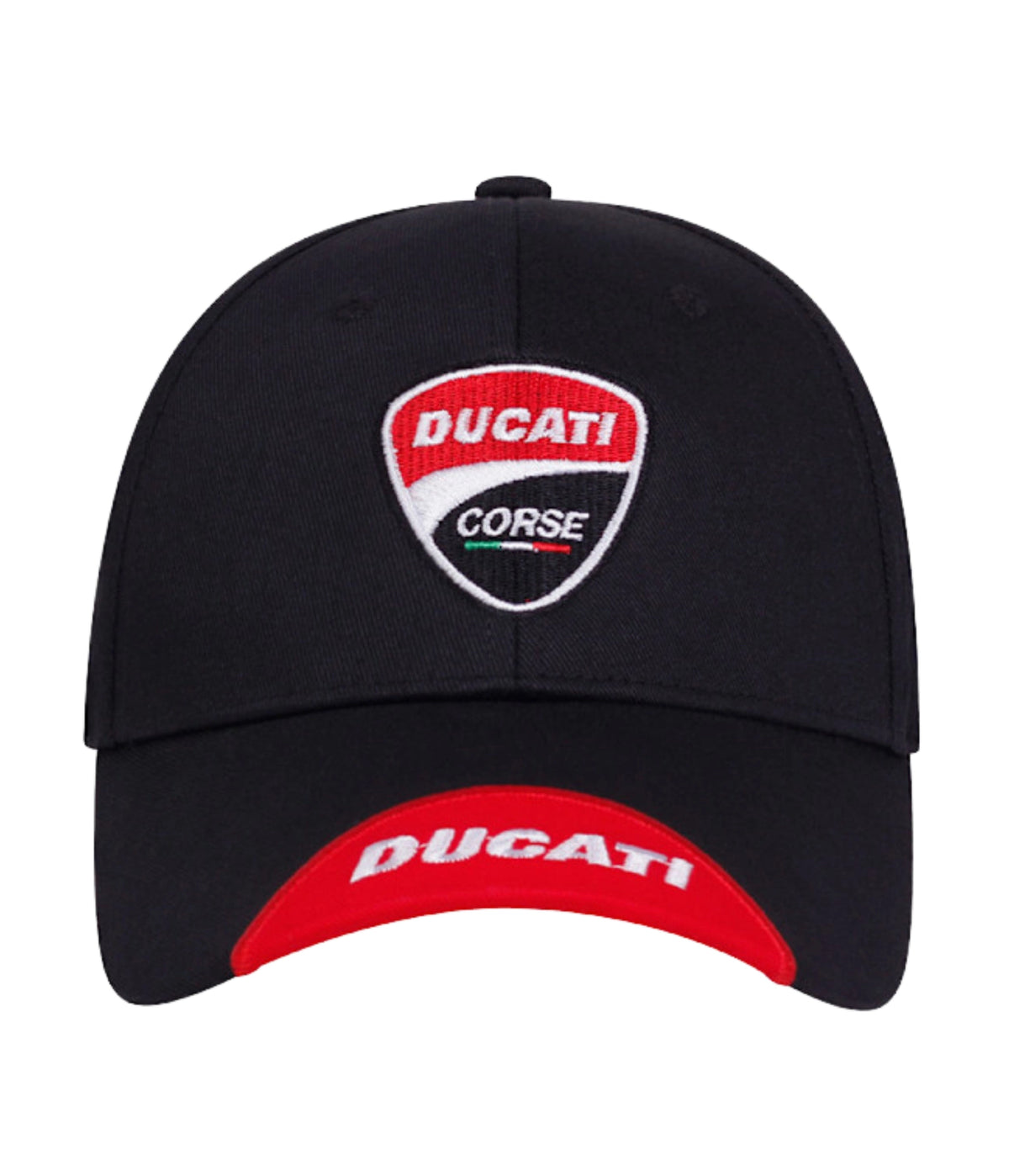 Black Ducati Corse cap, front view with embroidered shield