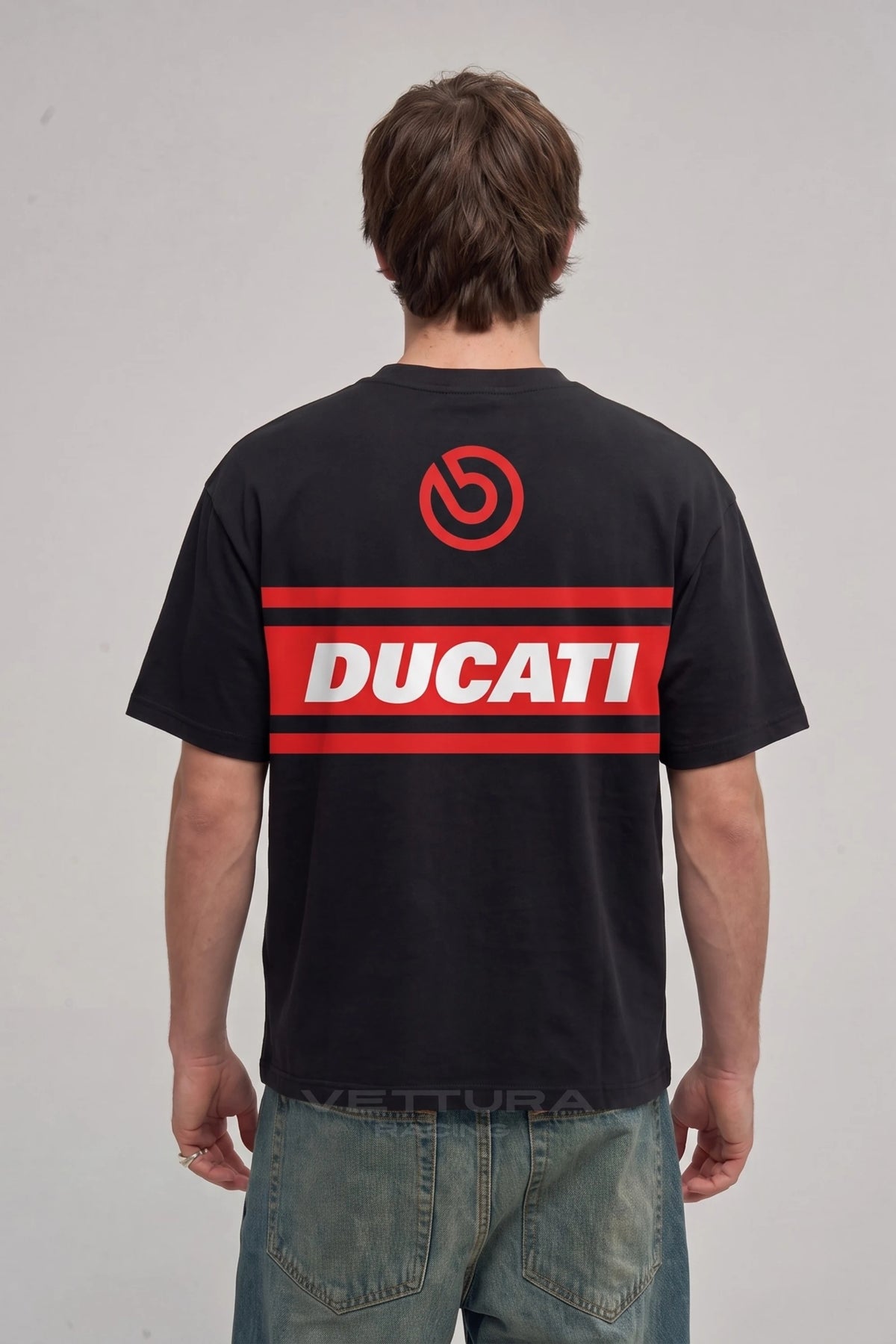 Man wearing the Ducati racing tee, back view with the red Ducati band and shield