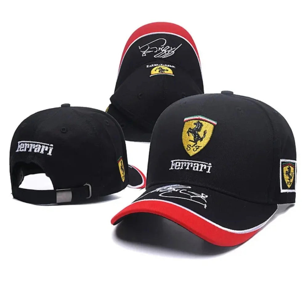 Stack of black Ferrari F1 embroidered caps