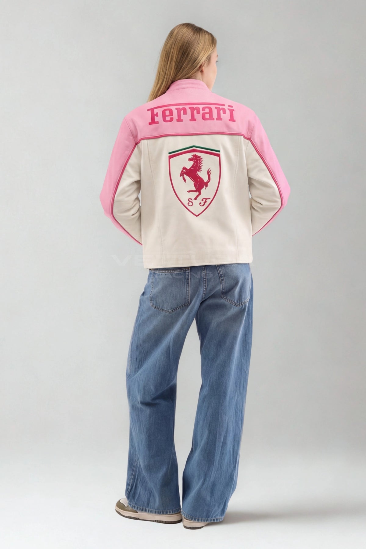 Ferrari F1 Kimi pink leather jacket on a model, sleeve wordmark detail