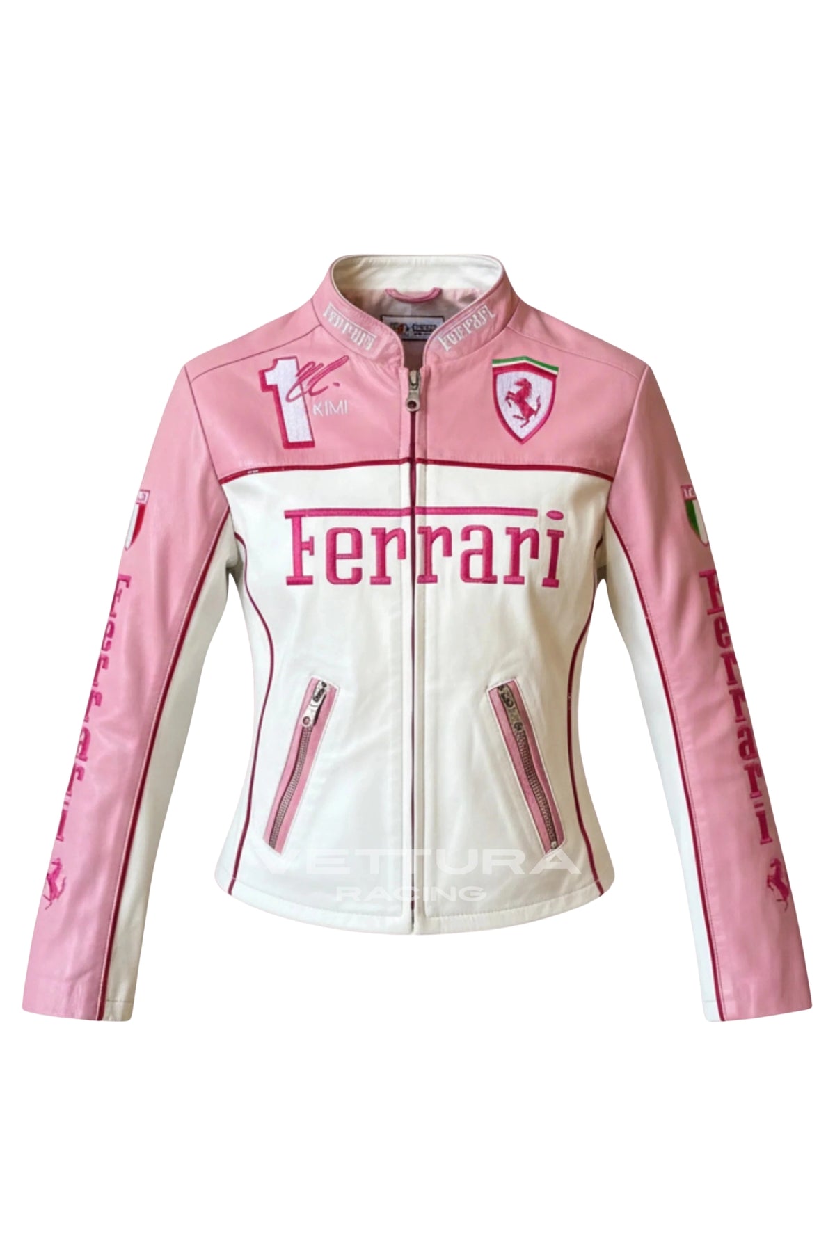 Ferrari F1 Kimi pink edition leather jacket, front product shot on a white background