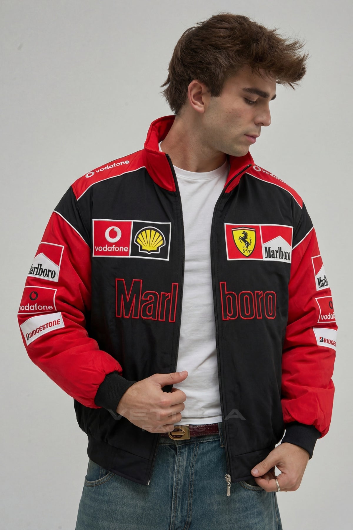 Ferrari F1 Marlboro racing jacket styled with jeans in daylight