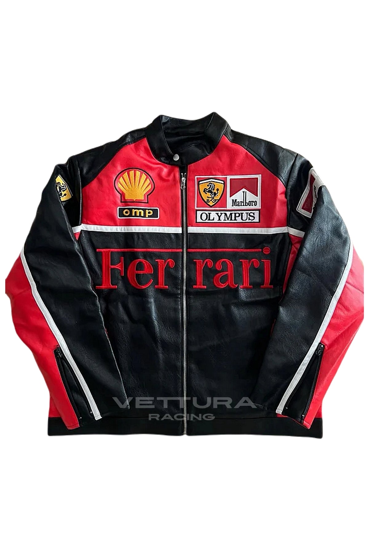 Ferrari F1 Olympus leather jacket red edition, front product shot on a white background