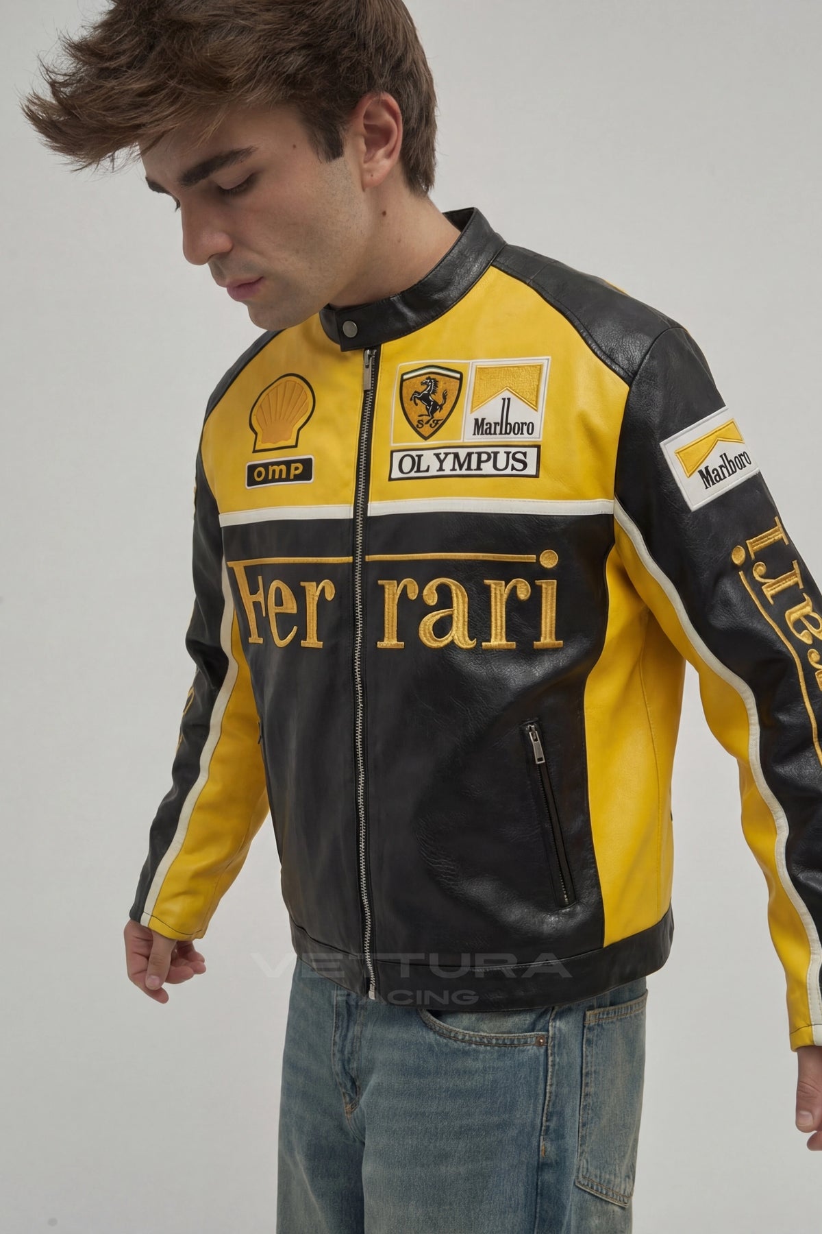 Ferrari F1 Olympus yellow edition leather jacket worn on the street
