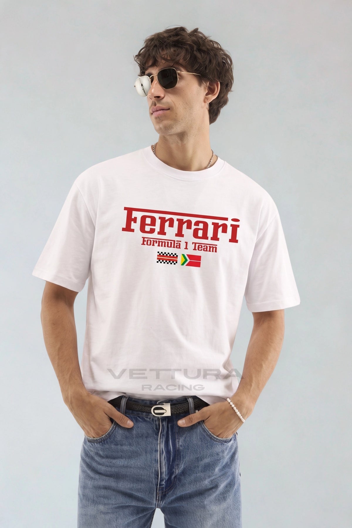 Model wearing the Ferrari F1 Team white t-shirt, front view
