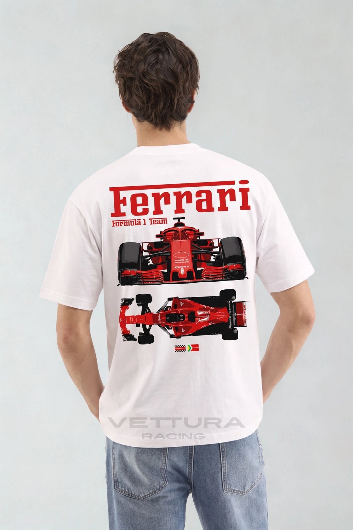 Ferrari Formula 1 Team white t-shirt worn with jeans, regular fit