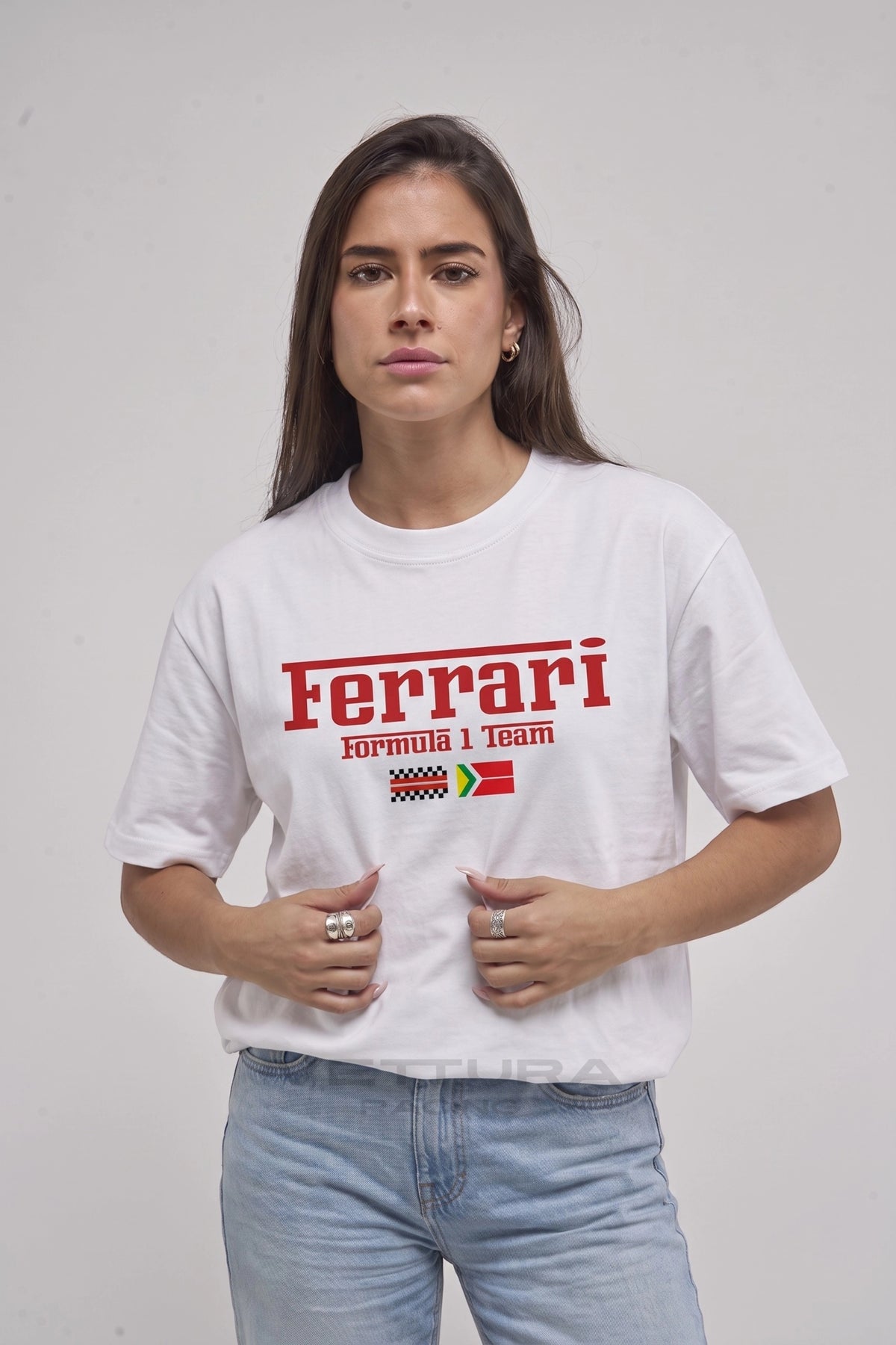 Ferrari F1 Team t-shirt in white with the red Ferrari lockup on the chest