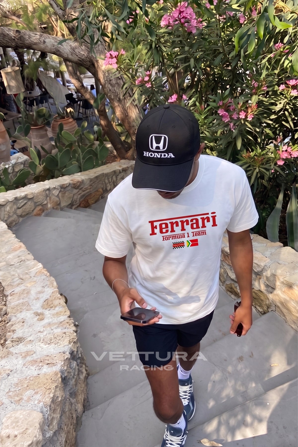 Ferrari F1 Team white t-shirt styled in daylight