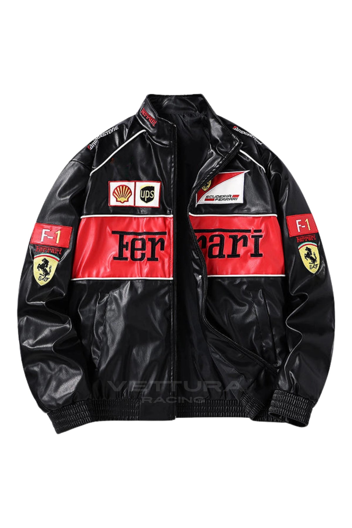 Ferrari F1 vintage leather jacket red edition, front product shot on a white background