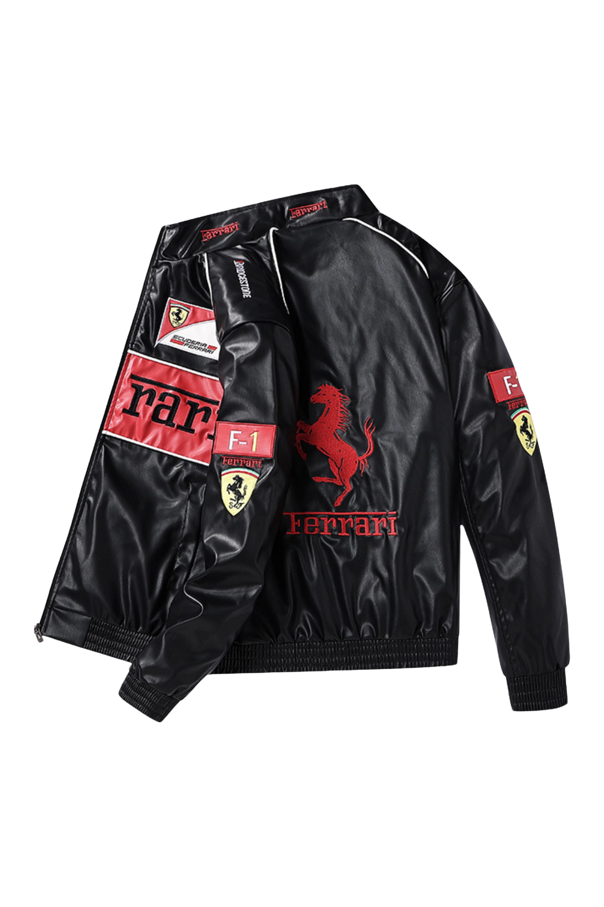 Ferrari F1 red vintage leather racing jacket, back cut-out with the embroidered Prancing Horse