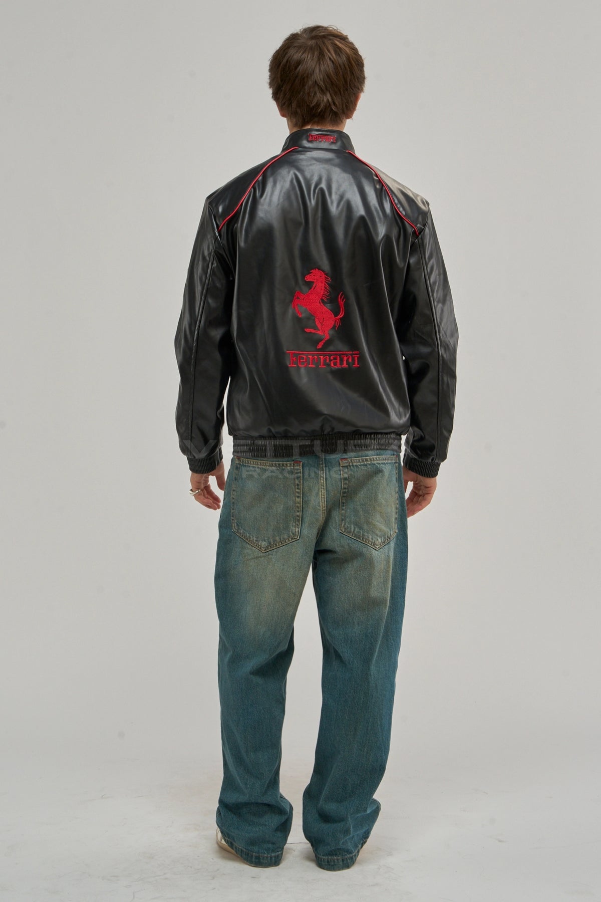 Back of the Ferrari F1 white edition leather jacket with the embroidered Prancing Horse