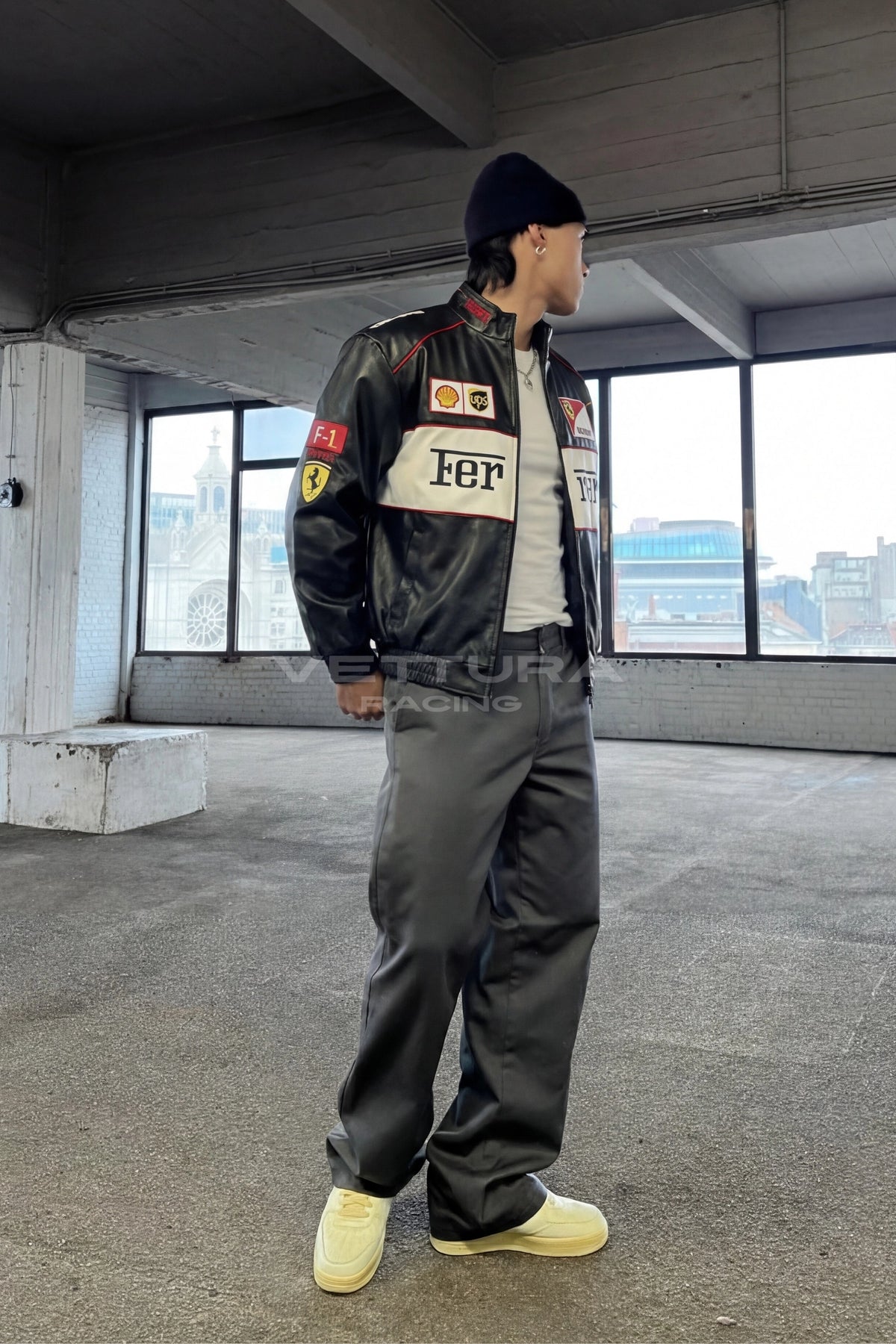 Ferrari F1 white edition leather racing jacket styled with jeans in daylight