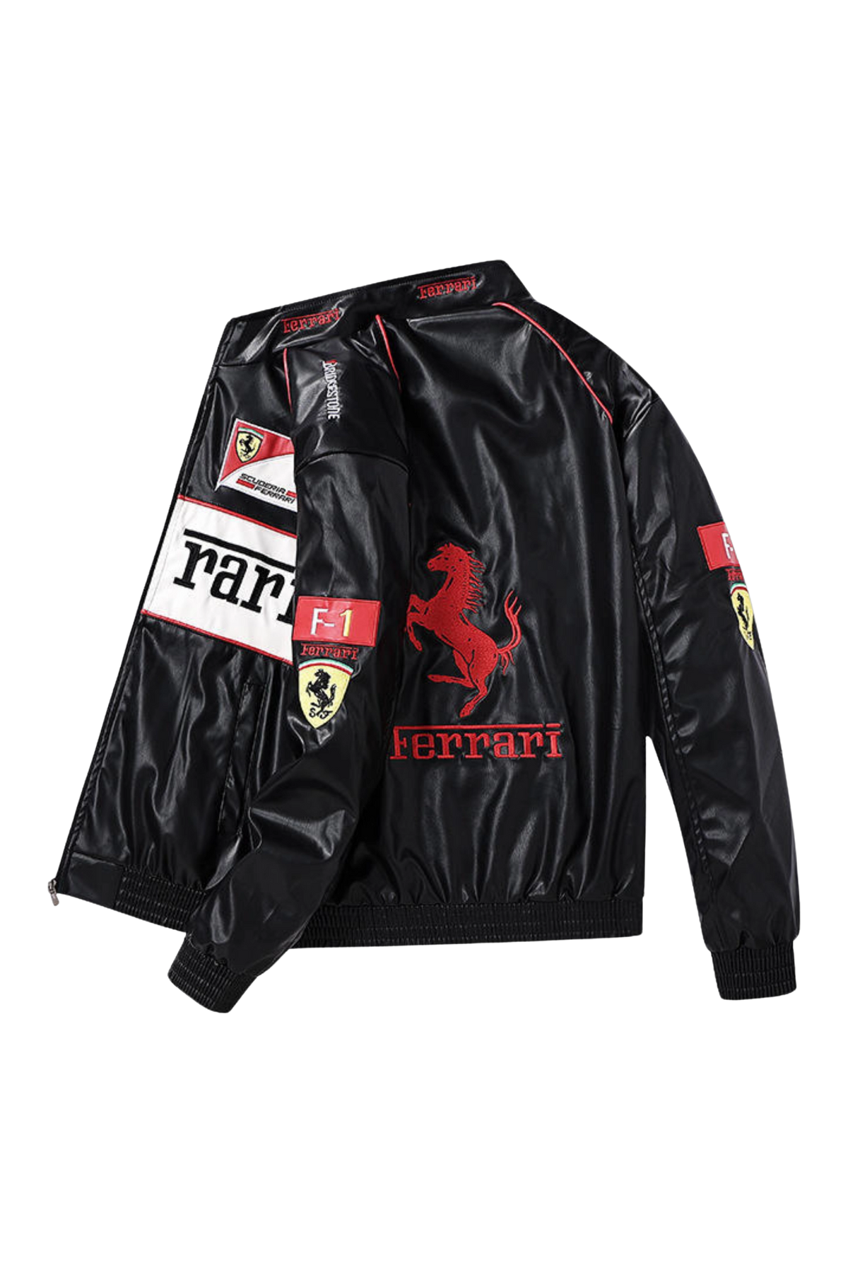 Ferrari F1 white edition vintage leather jacket, back cut-out with the embroidered Prancing Horse
