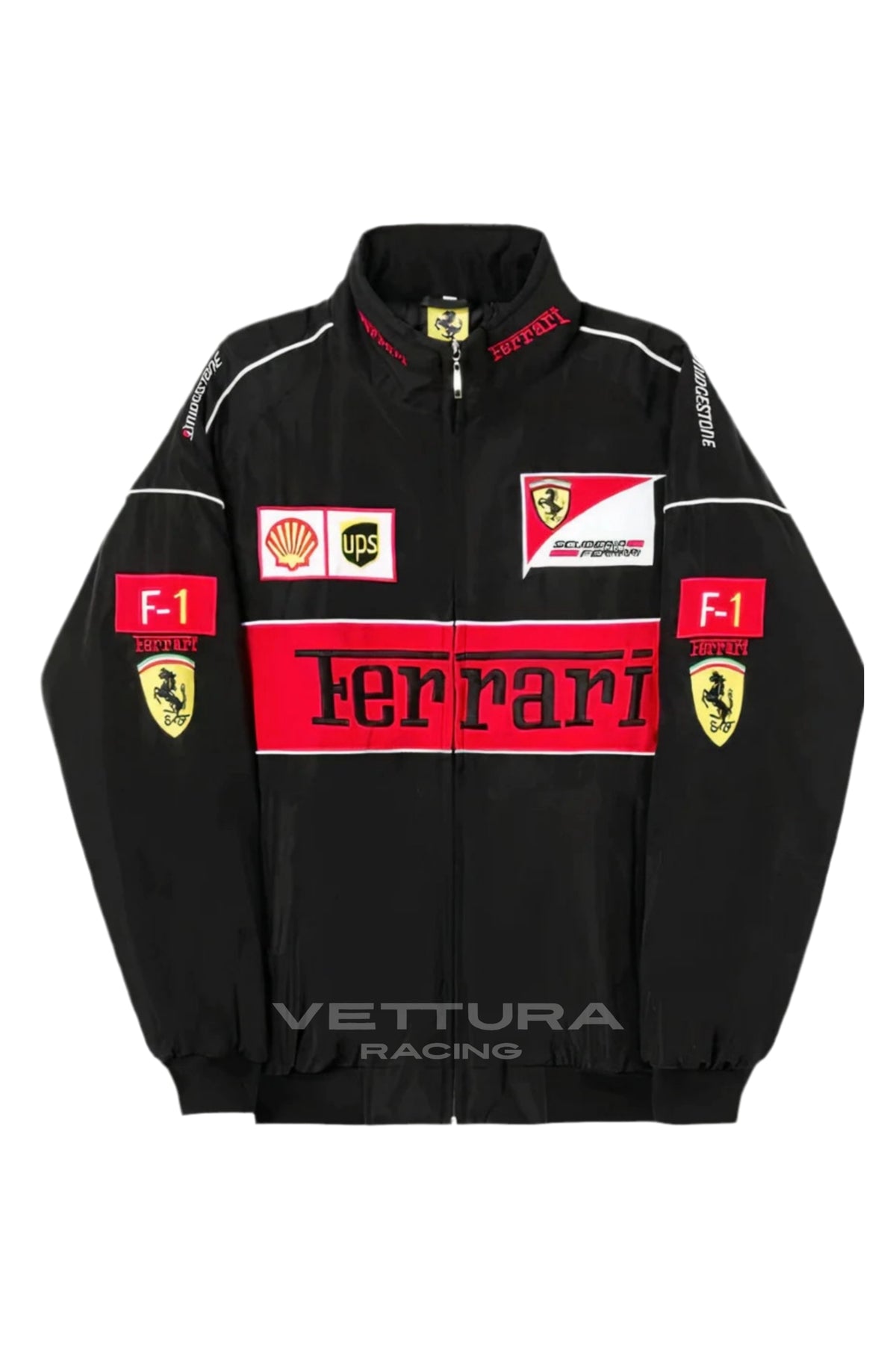 Ferrari F1 vintage racing jacket in black, front product shot on a white background