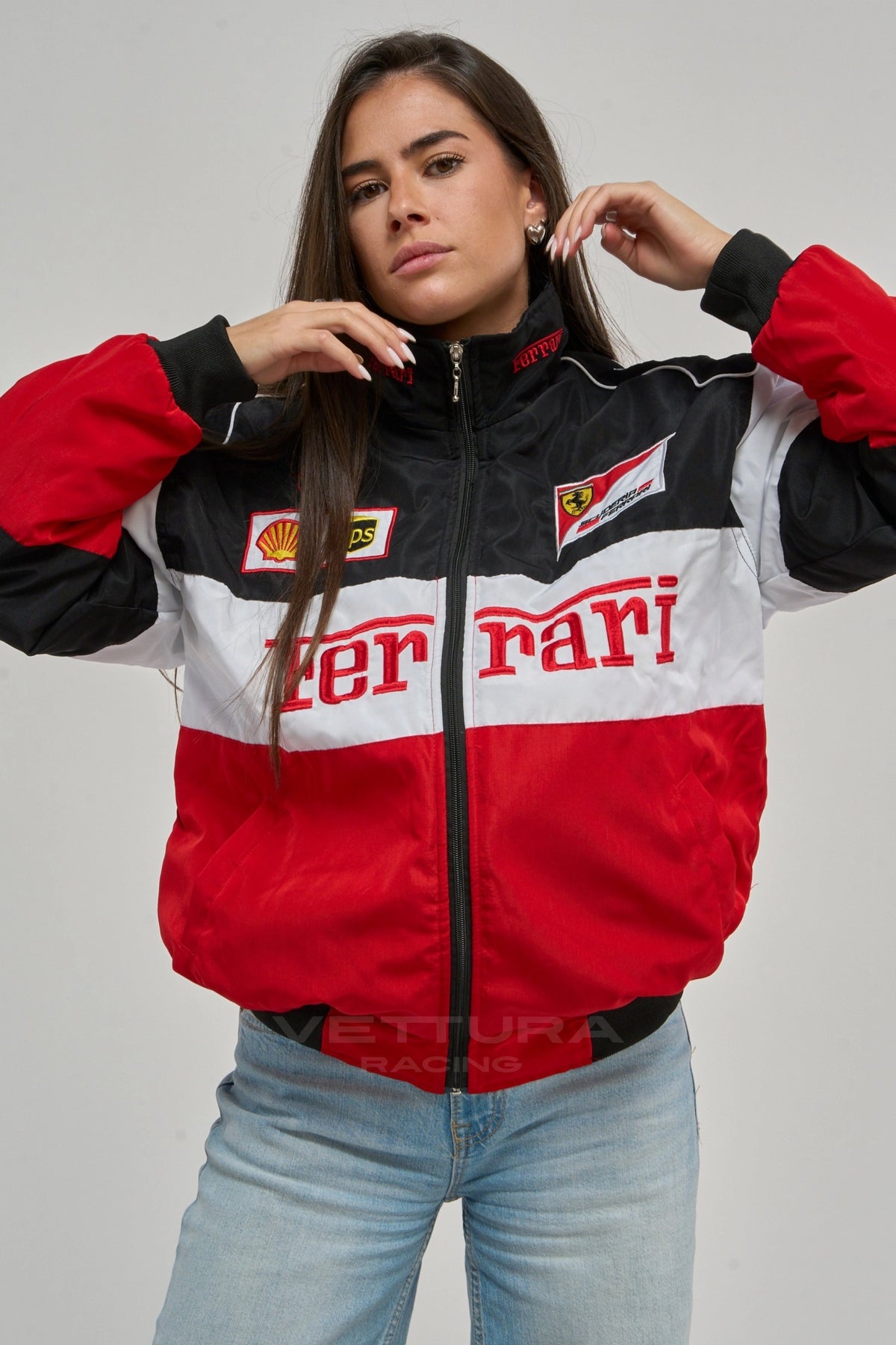 Ferrari F1 classic vintage jacket styled with jeans in an everyday street setting