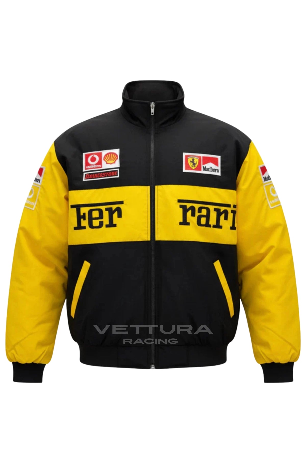 Detail of the embroidered sponsor patches on the Ferrari F1 Schumacher jacket