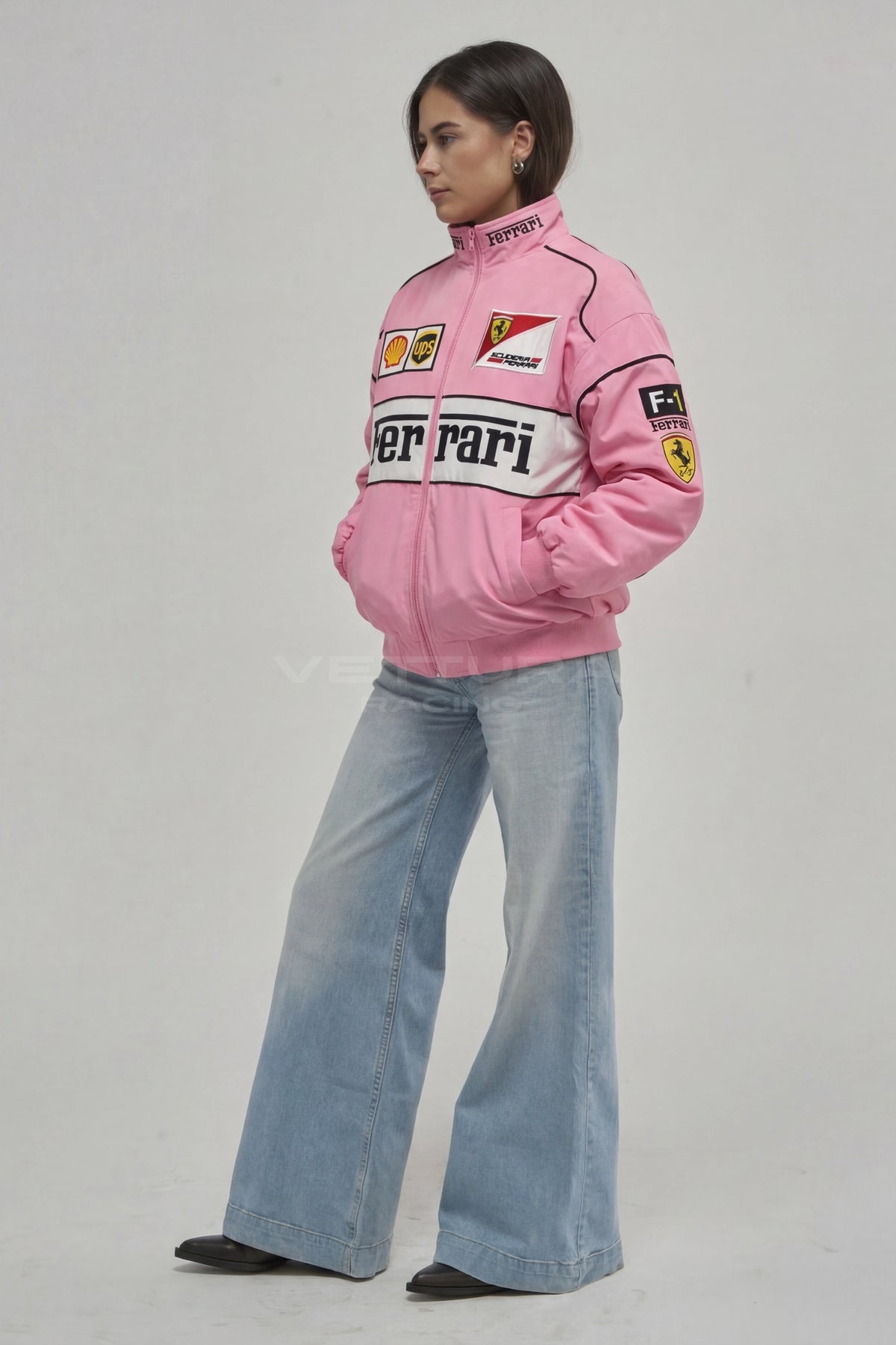 Ferrari F1 pink racing jacket on a model, showing the white chest band