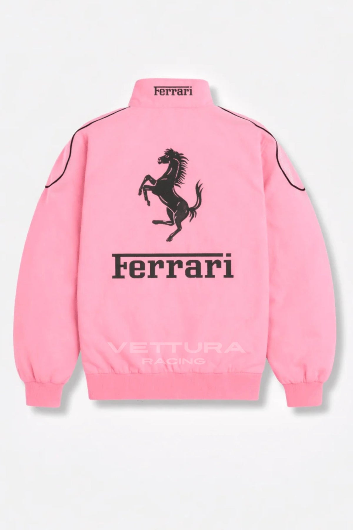 Back of the Ferrari F1 pink racing jacket with the black Prancing Horse